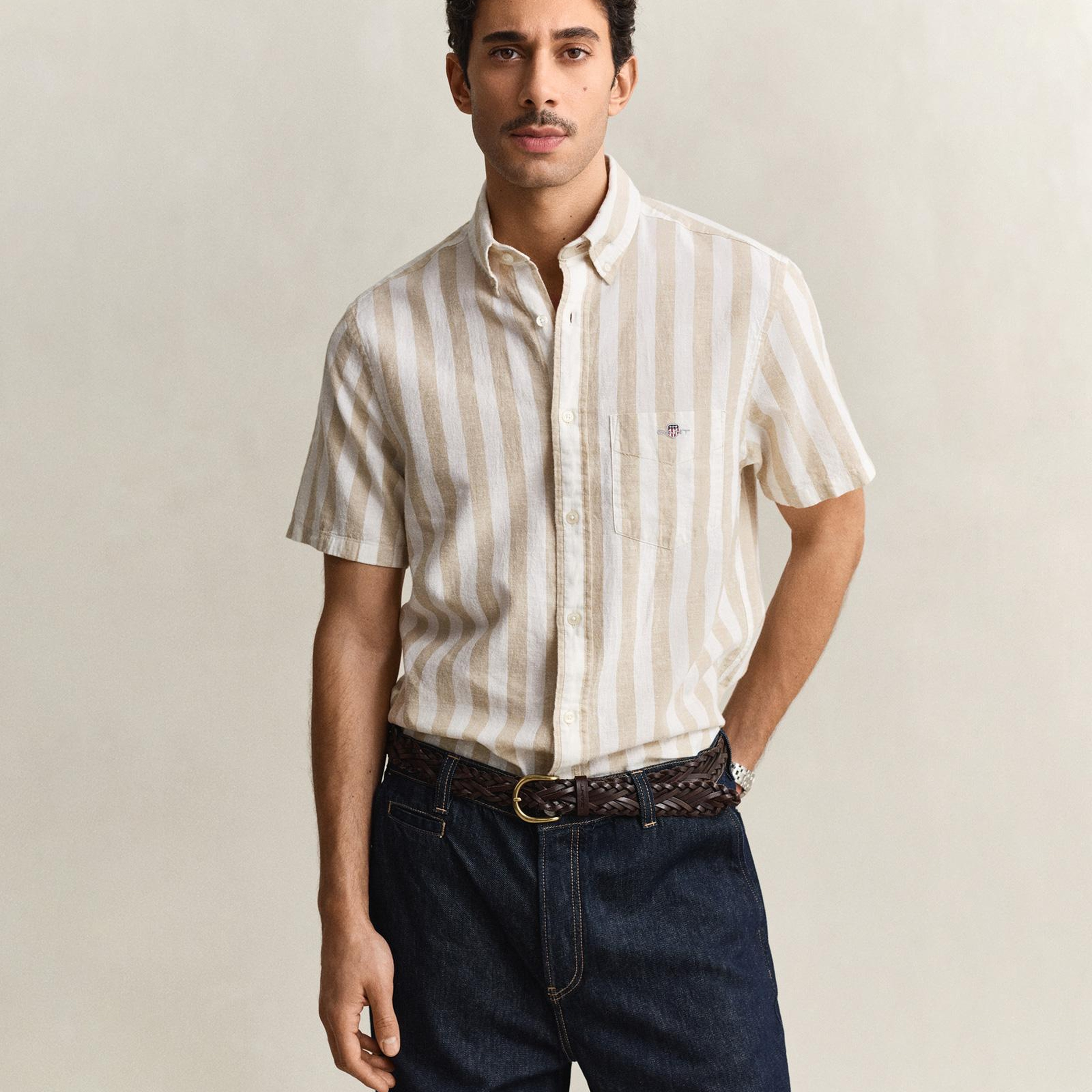 GANT Erkek Bej Regular Fit Çizgili Logolu Gömlek