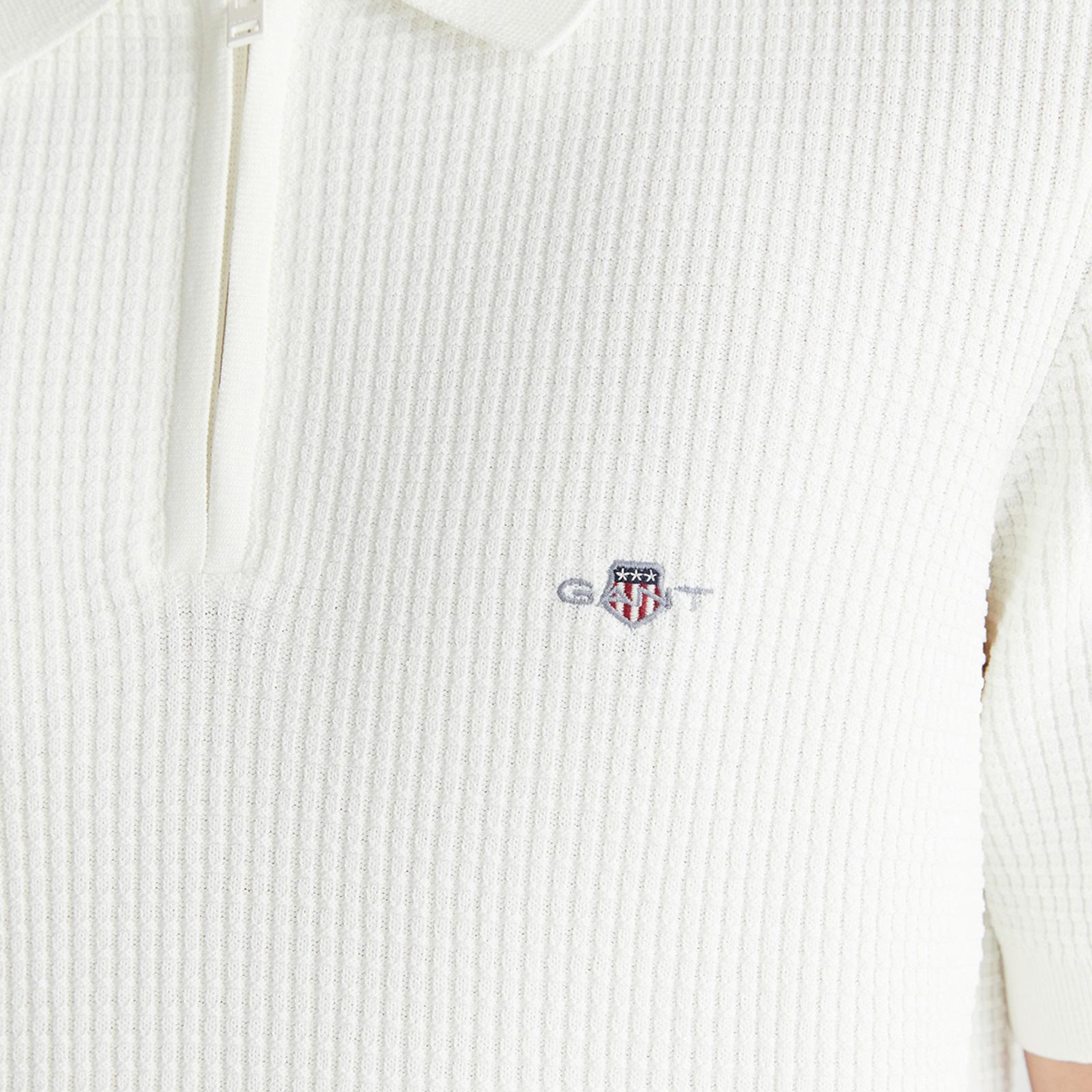 GANT Erkek Beyaz Regular Fit Yarım Fermuarlı Kısa Kollu Triko