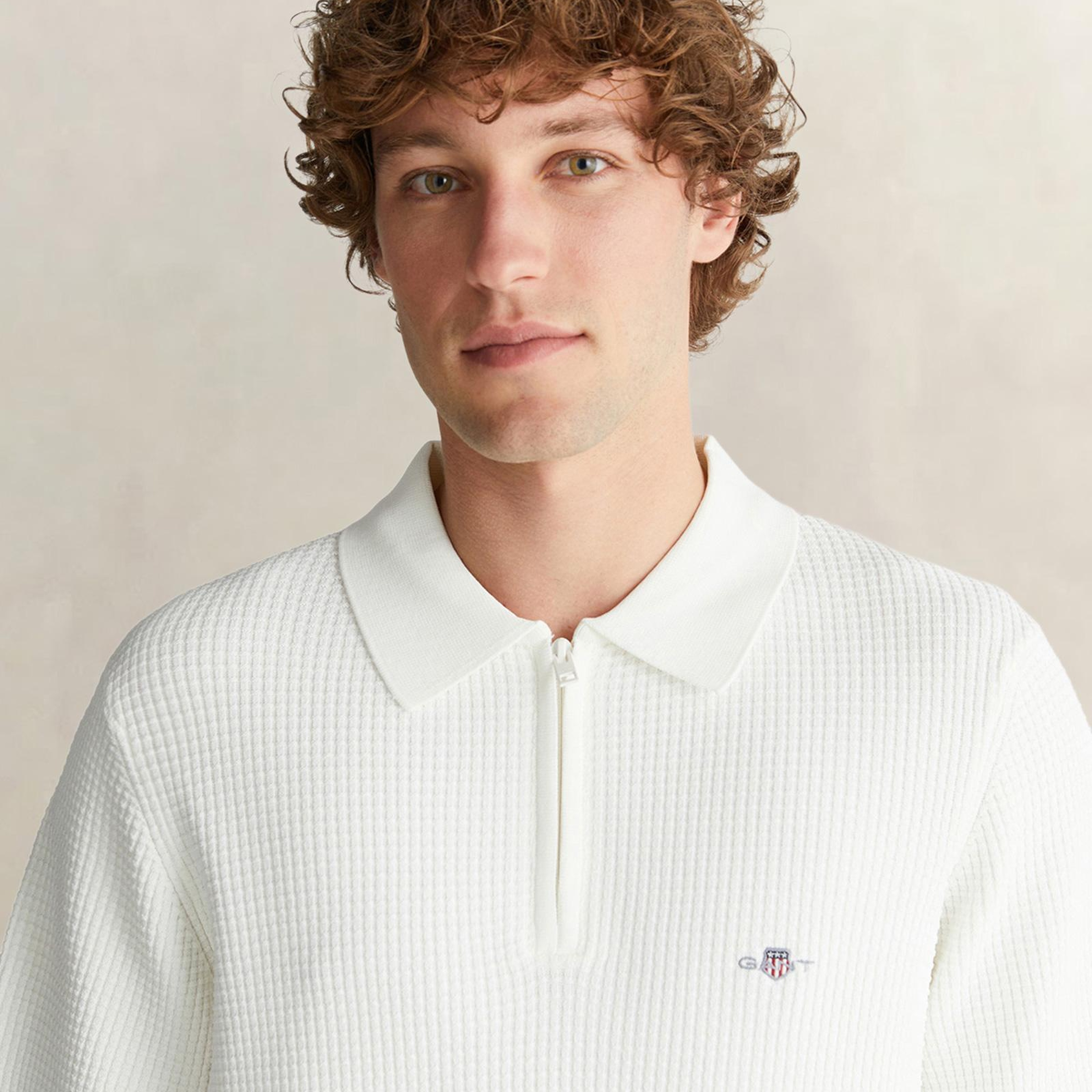 GANT Erkek Beyaz Regular Fit Yarım Fermuarlı Kısa Kollu Triko