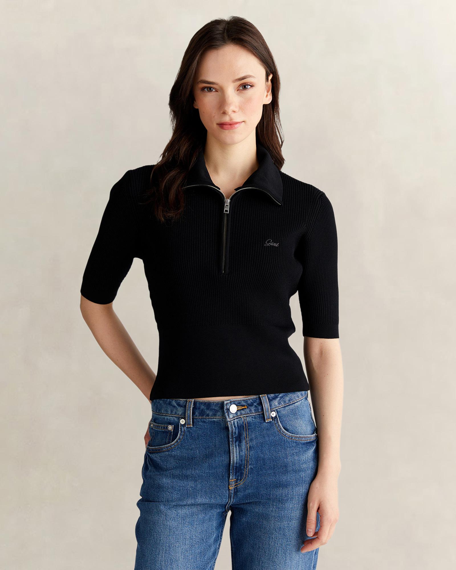 GANT Kadın Siyah Slim Fit Yarım Kollu Triko
