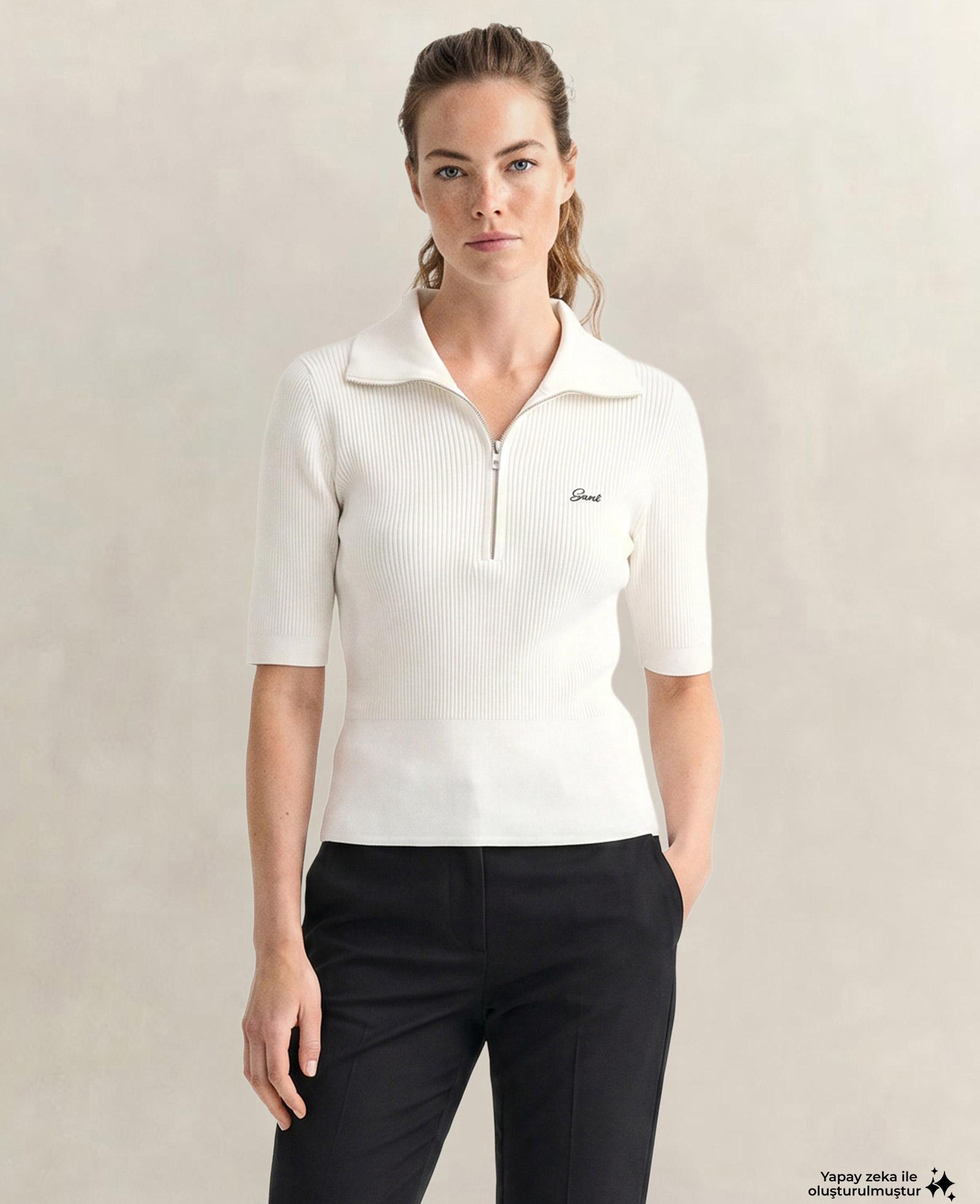 GANT Kadın Beyaz Slim Fit Yarım Kollu Triko