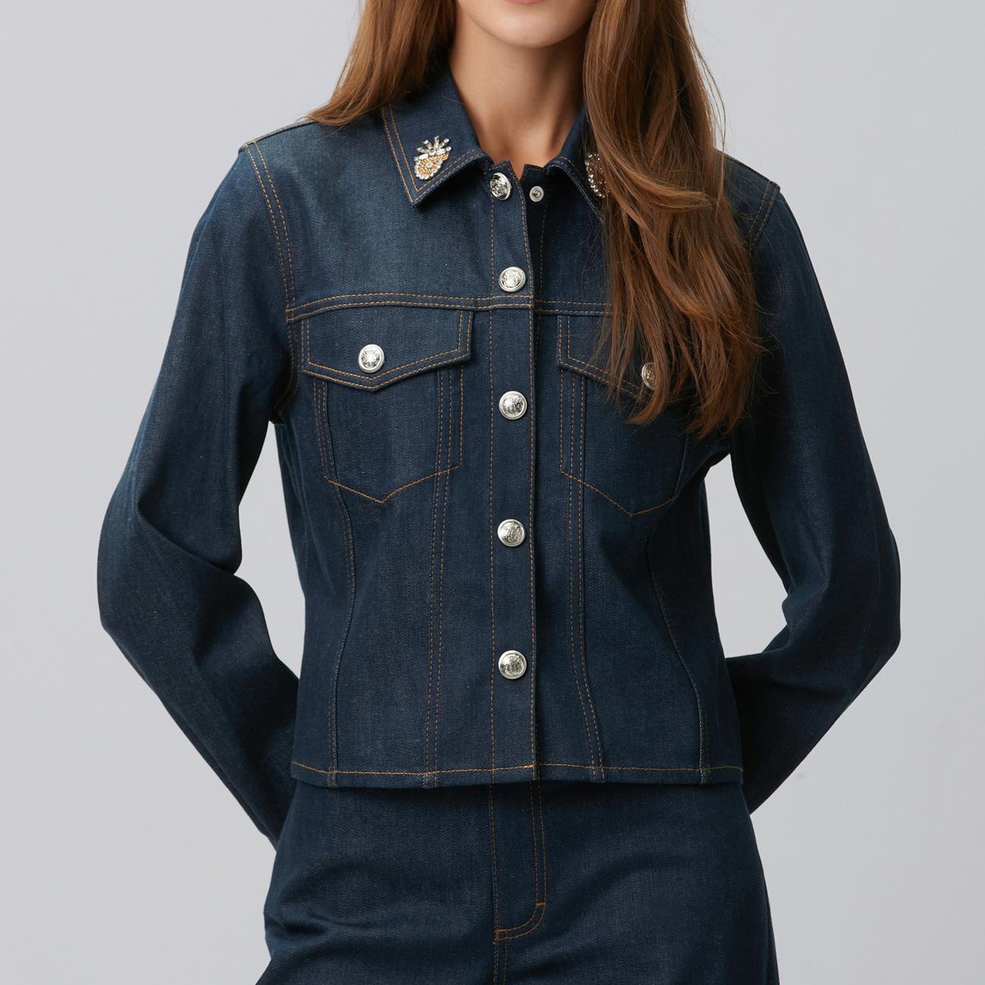 Network Kadın Koyu Indigo Mavi Yaka Aksesuarlı Denim Mont