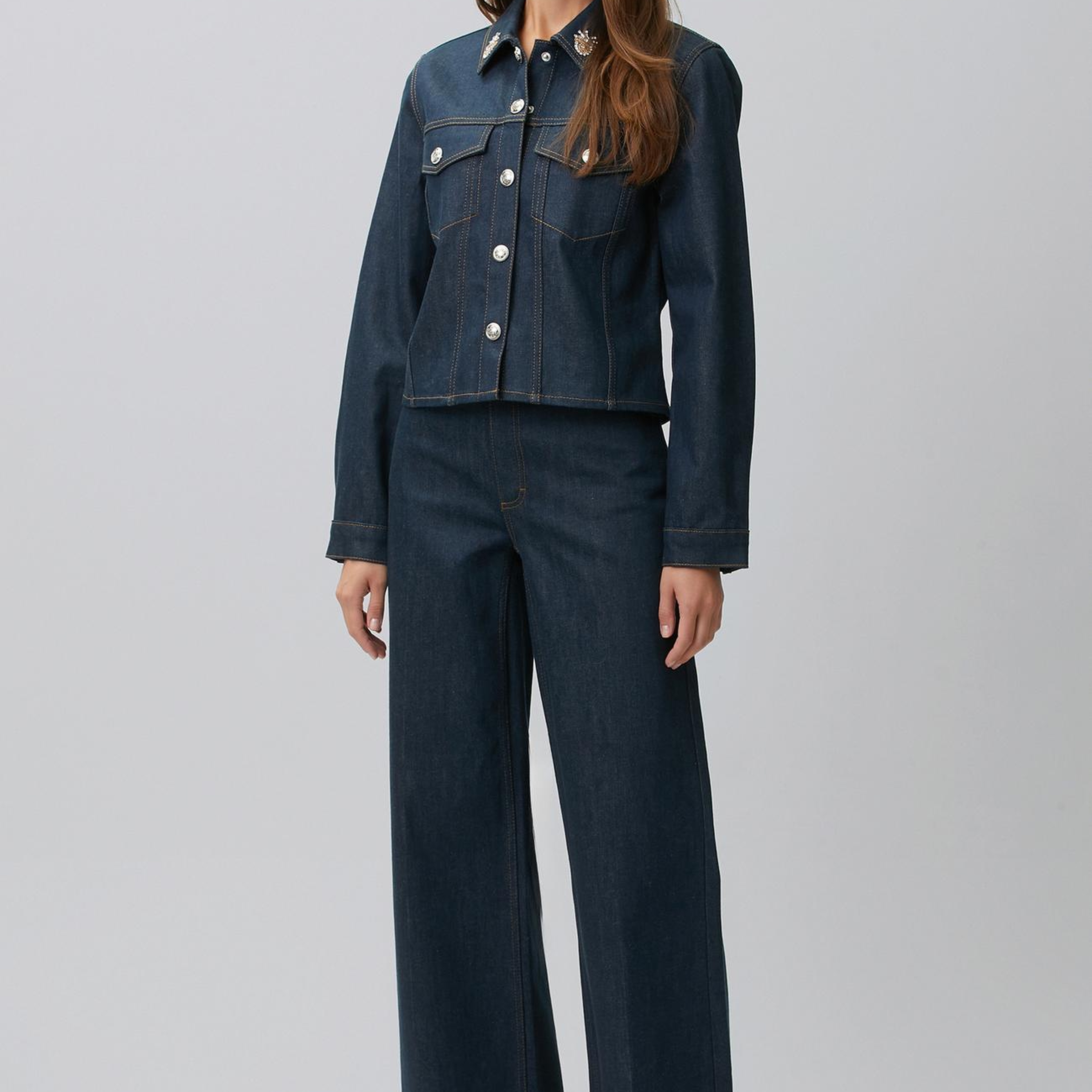 Network Kadın Koyu Indigo Mavi Yaka Aksesuarlı Denim Mont