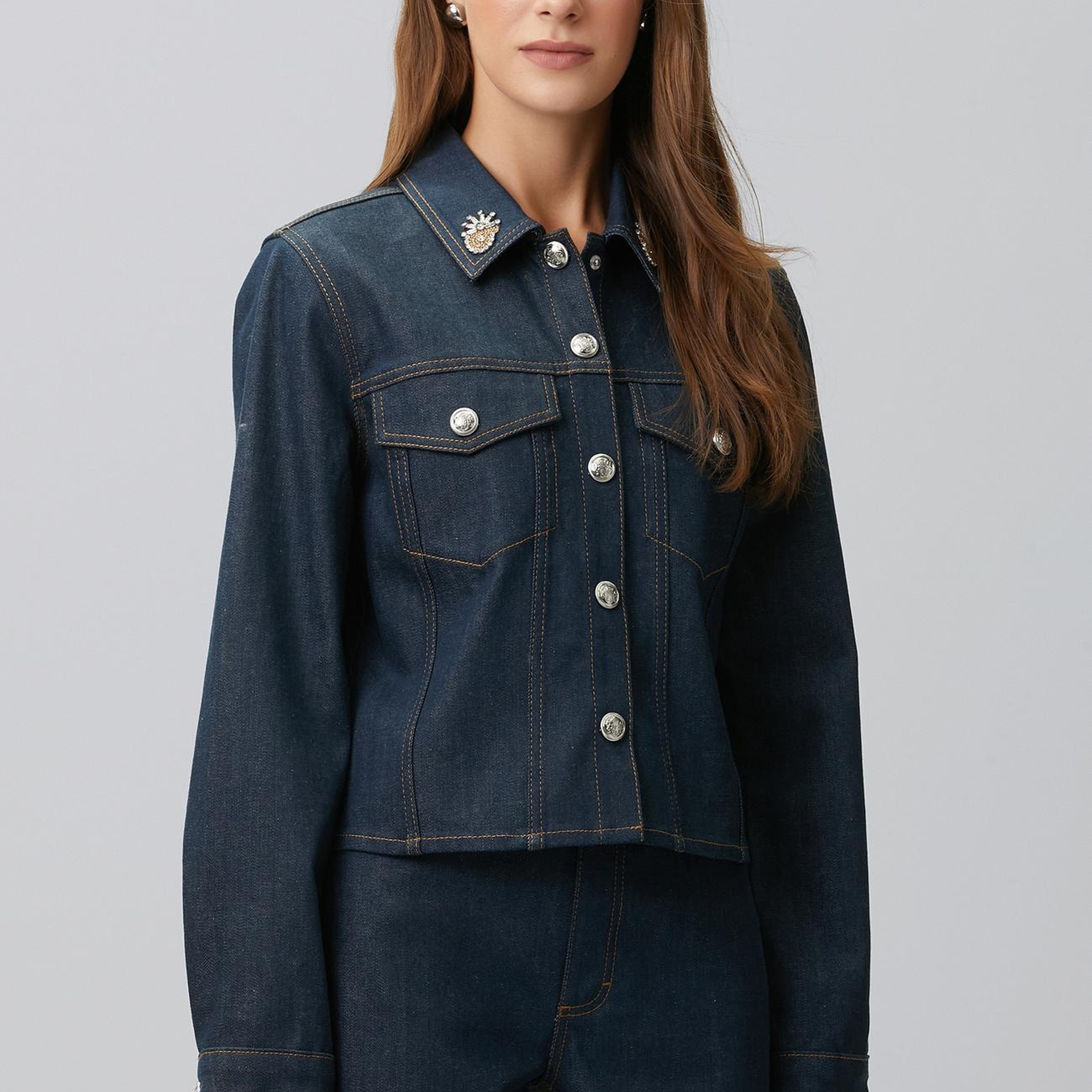 Network Kadın Koyu Indigo Mavi Yaka Aksesuarlı Denim Mont