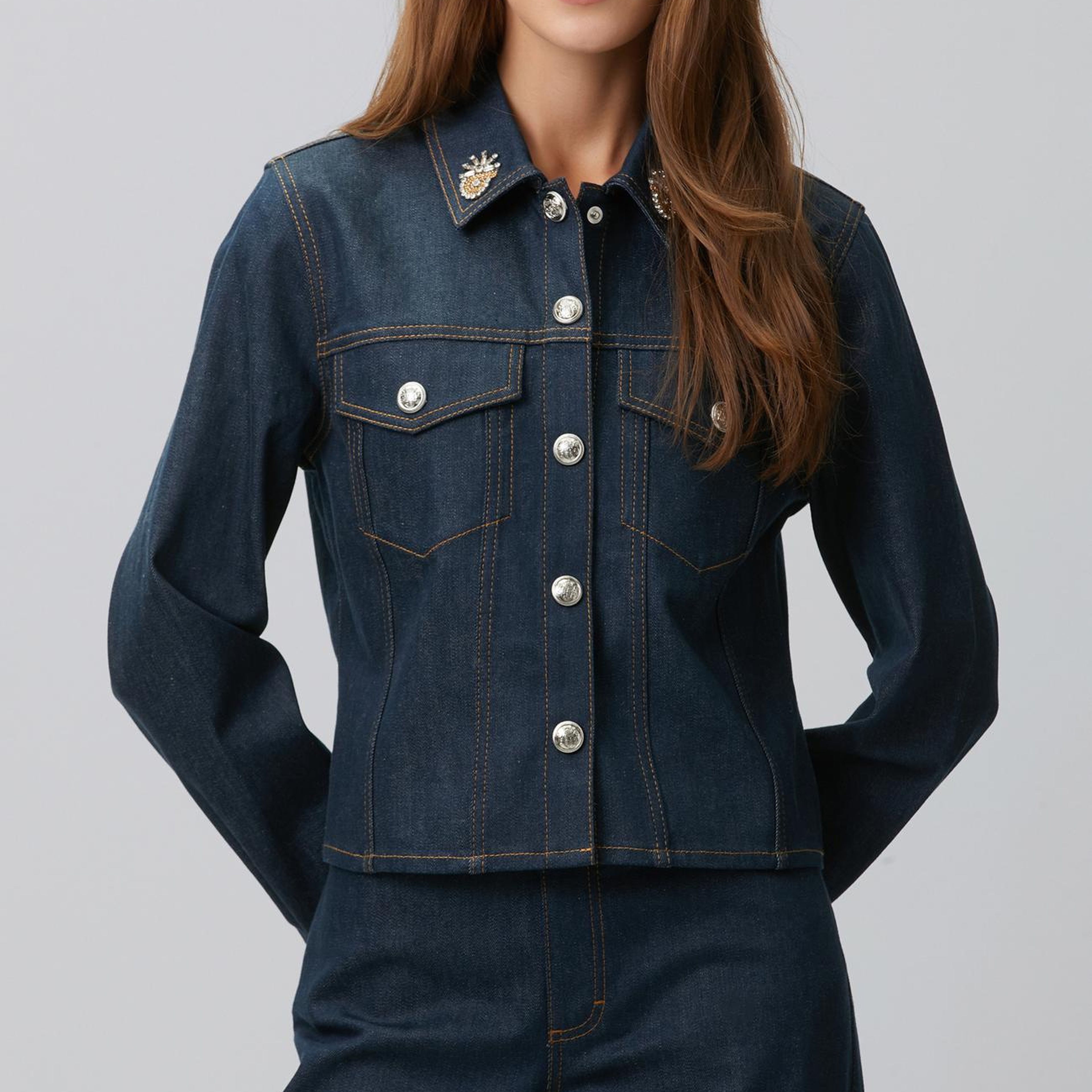 Network Kadın Koyu Indigo Mavi Yaka Aksesuarlı Denim Mont