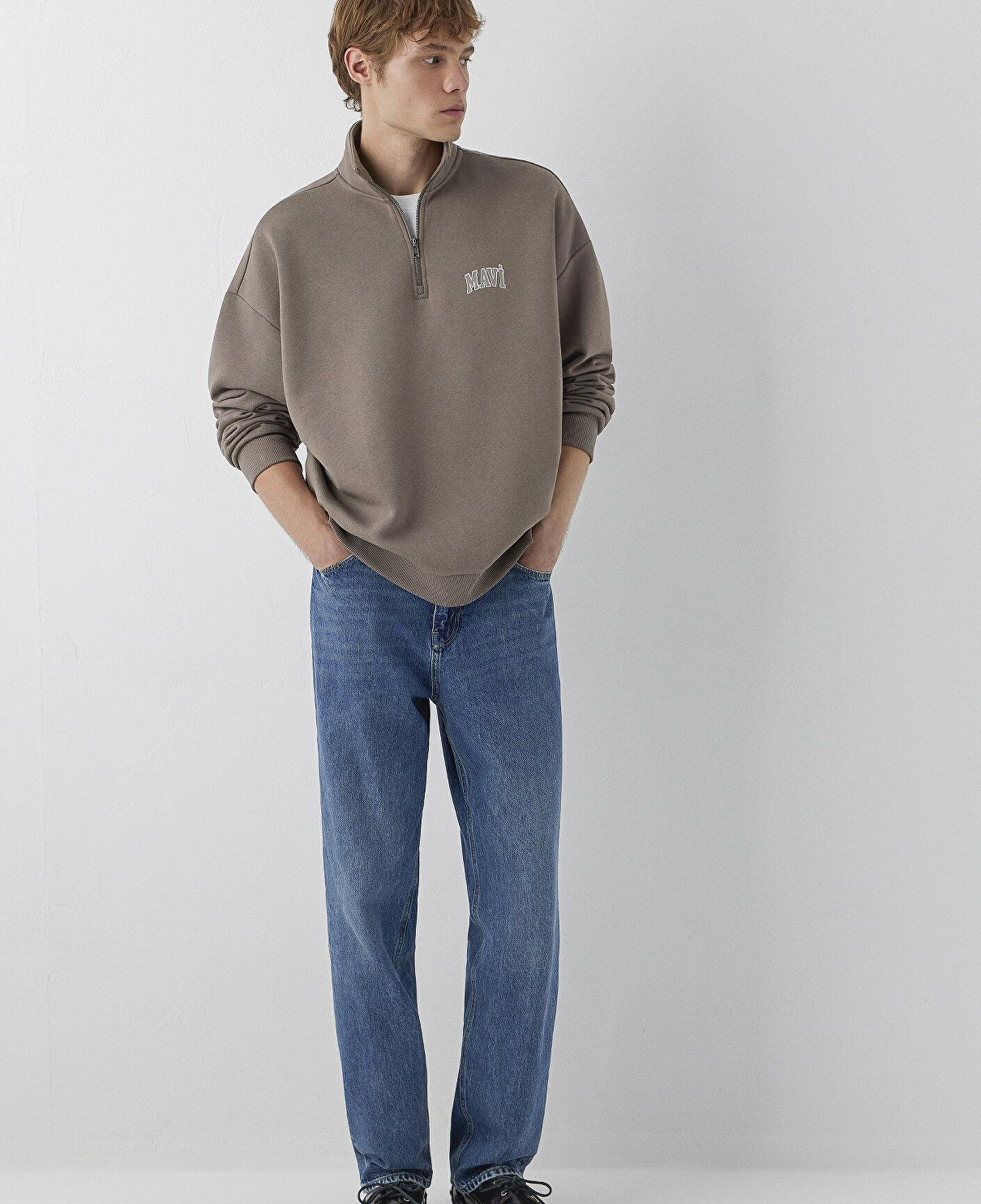 Mavi Mavi Logo Baskılı Yarı Fermuarlı Kahverengi Sweatshirt 0S10208-87875