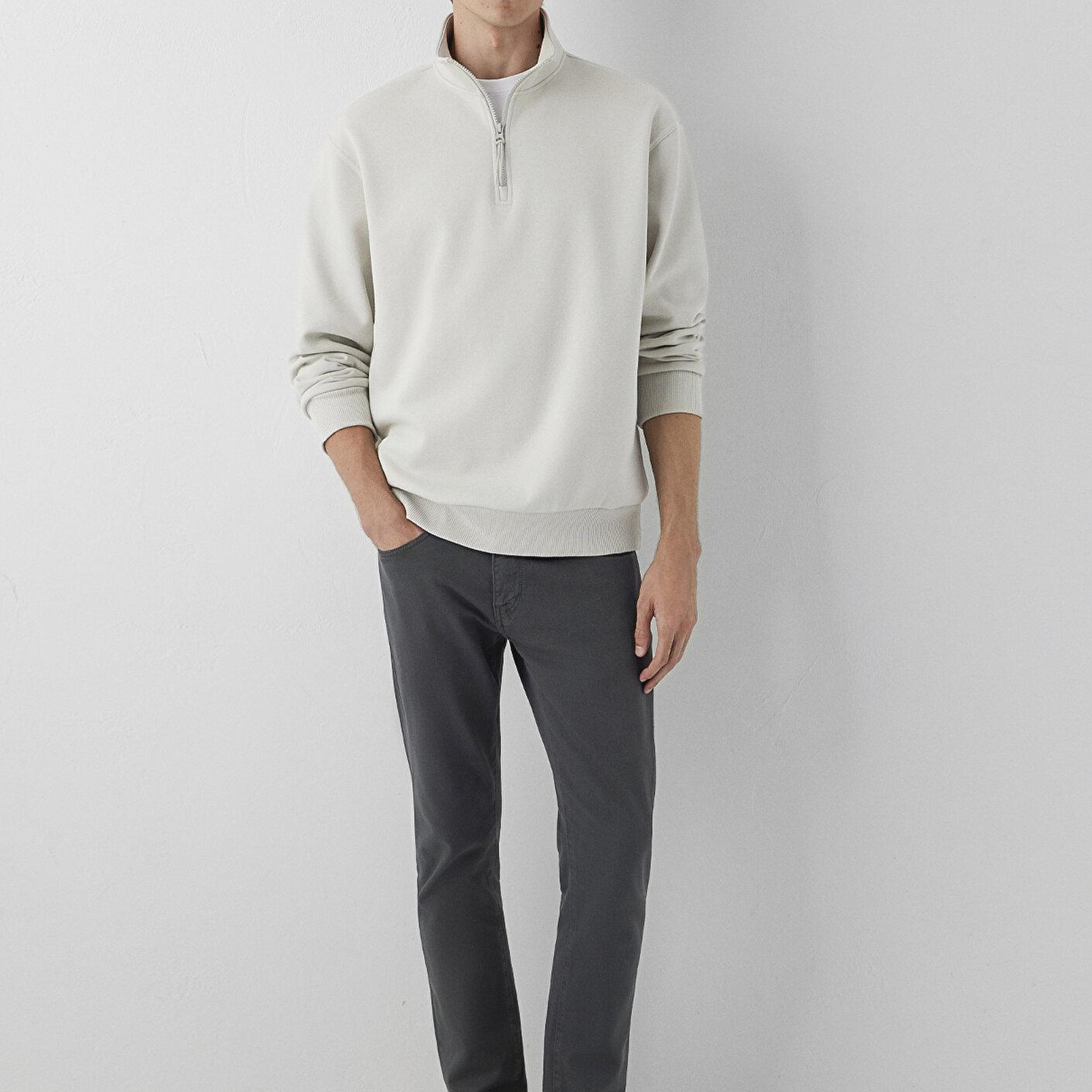 Mavi Yarı Fermuarlı Bej Basic Sweatshirt 0S10278-70144
