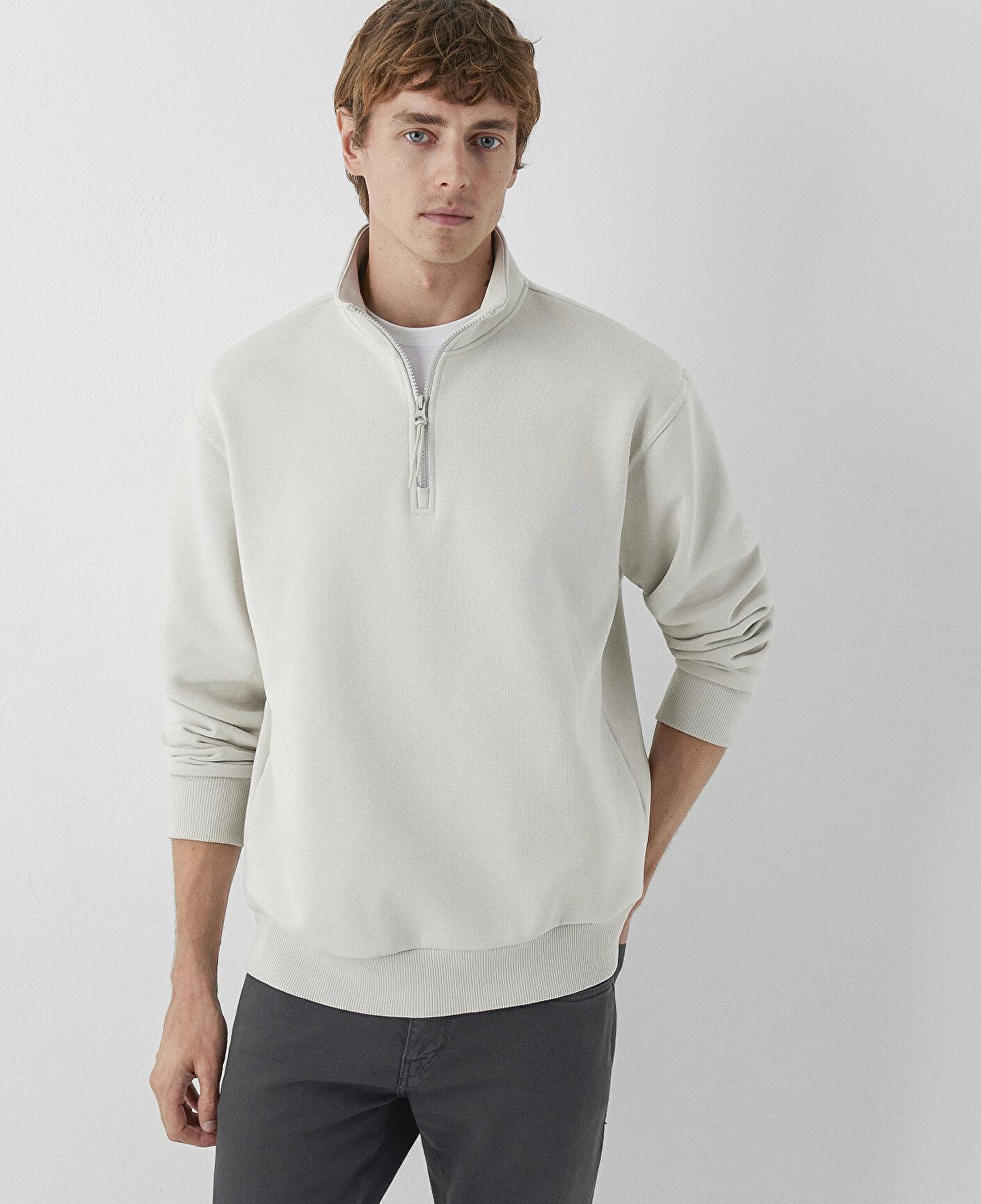 Mavi Yarı Fermuarlı Bej Basic Sweatshirt 0S10278-70144