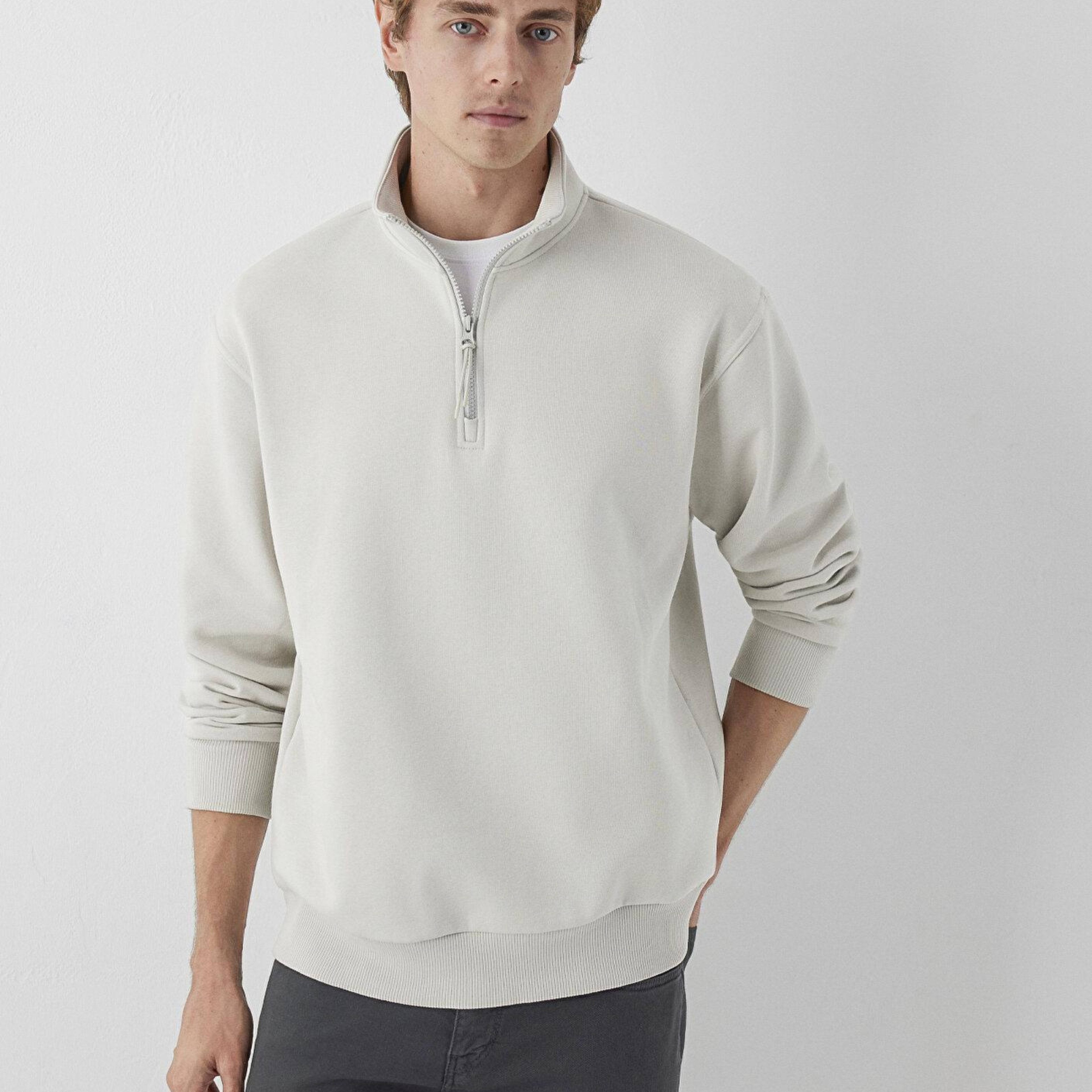 Mavi Yarı Fermuarlı Bej Basic Sweatshirt 0S10278-70144