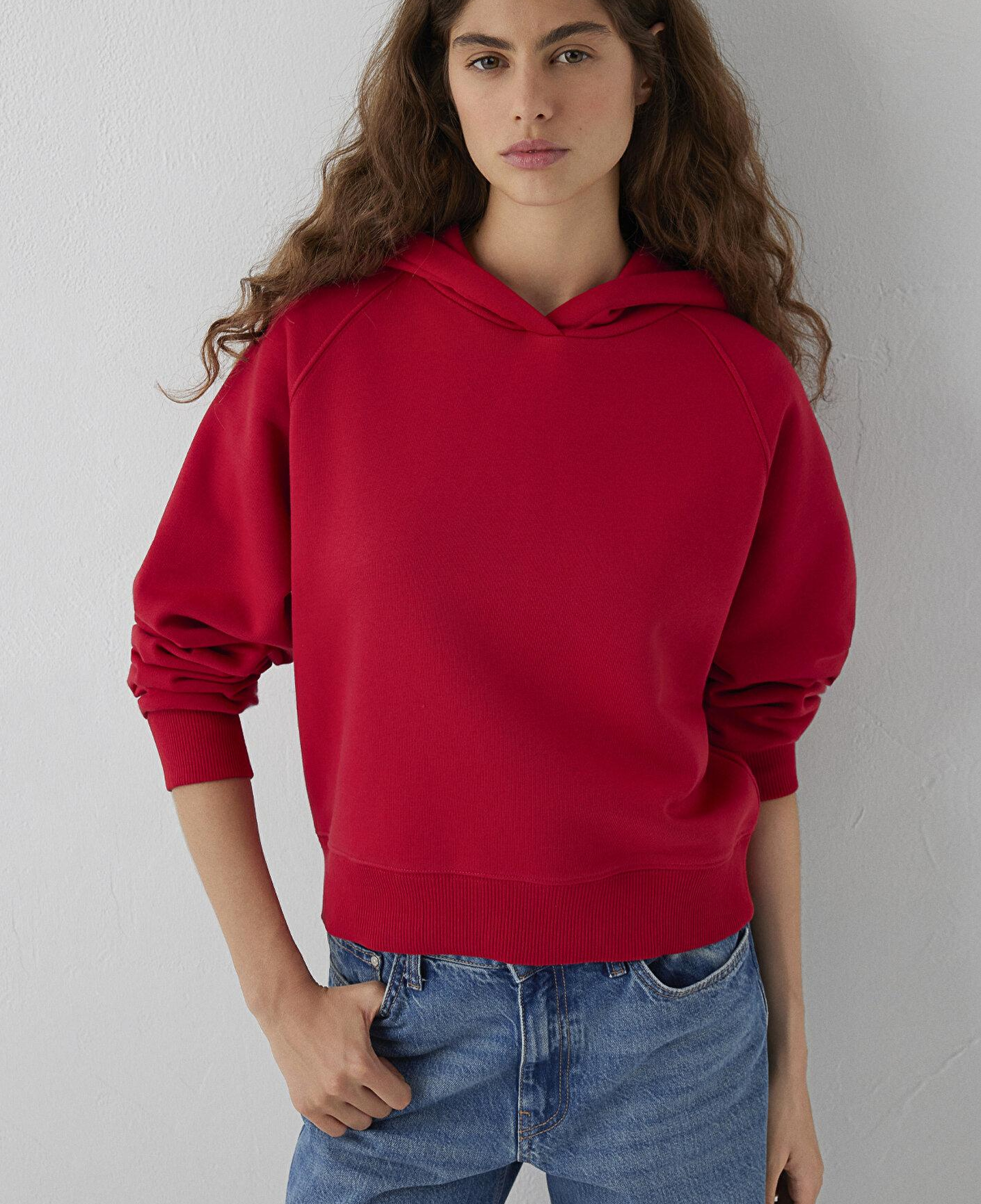 Mavi Kapüşonlu Kırmızı Basic Sweatshirt 1S10577-86417