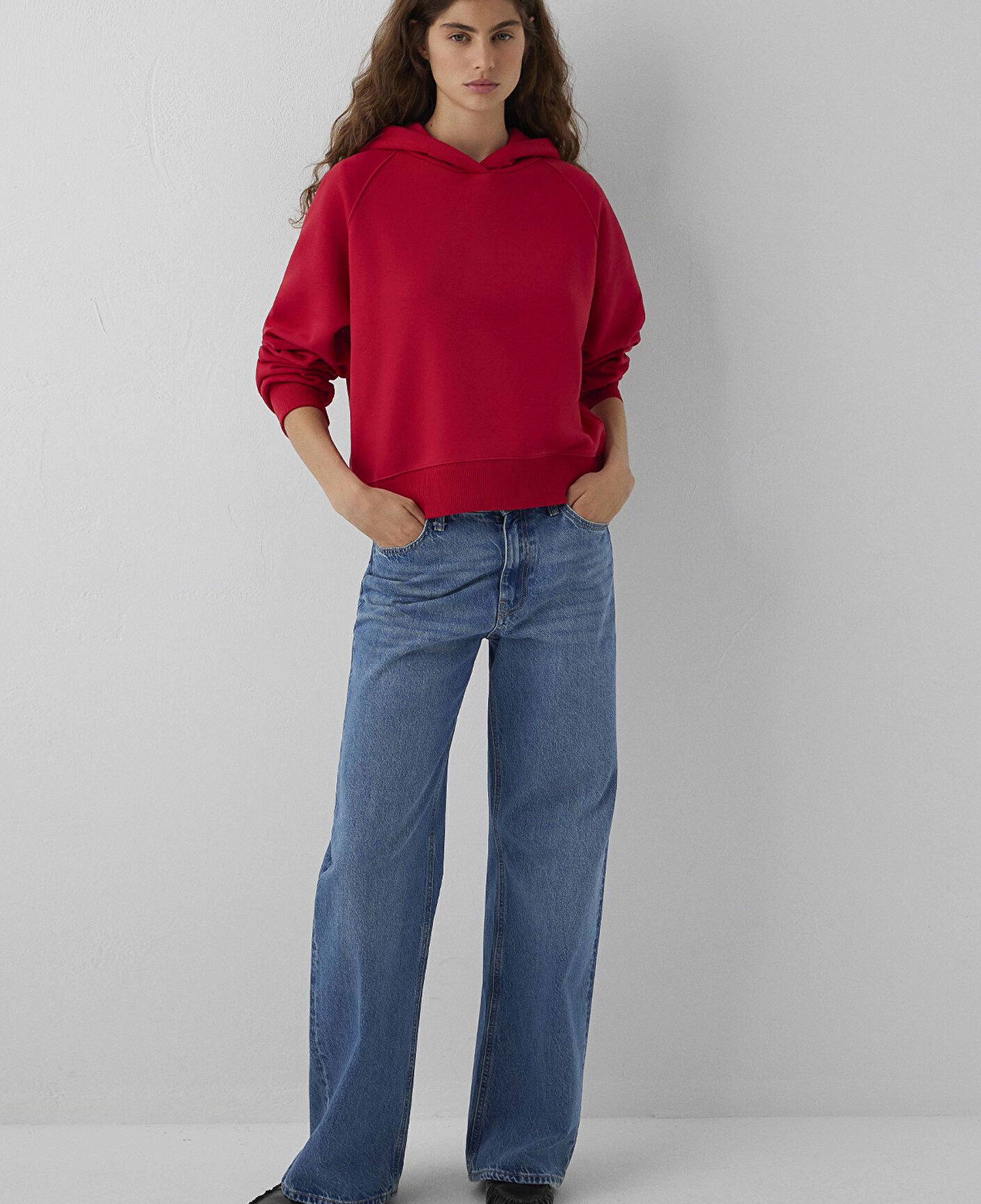 Mavi Kapüşonlu Kırmızı Basic Sweatshirt 1S10577-86417