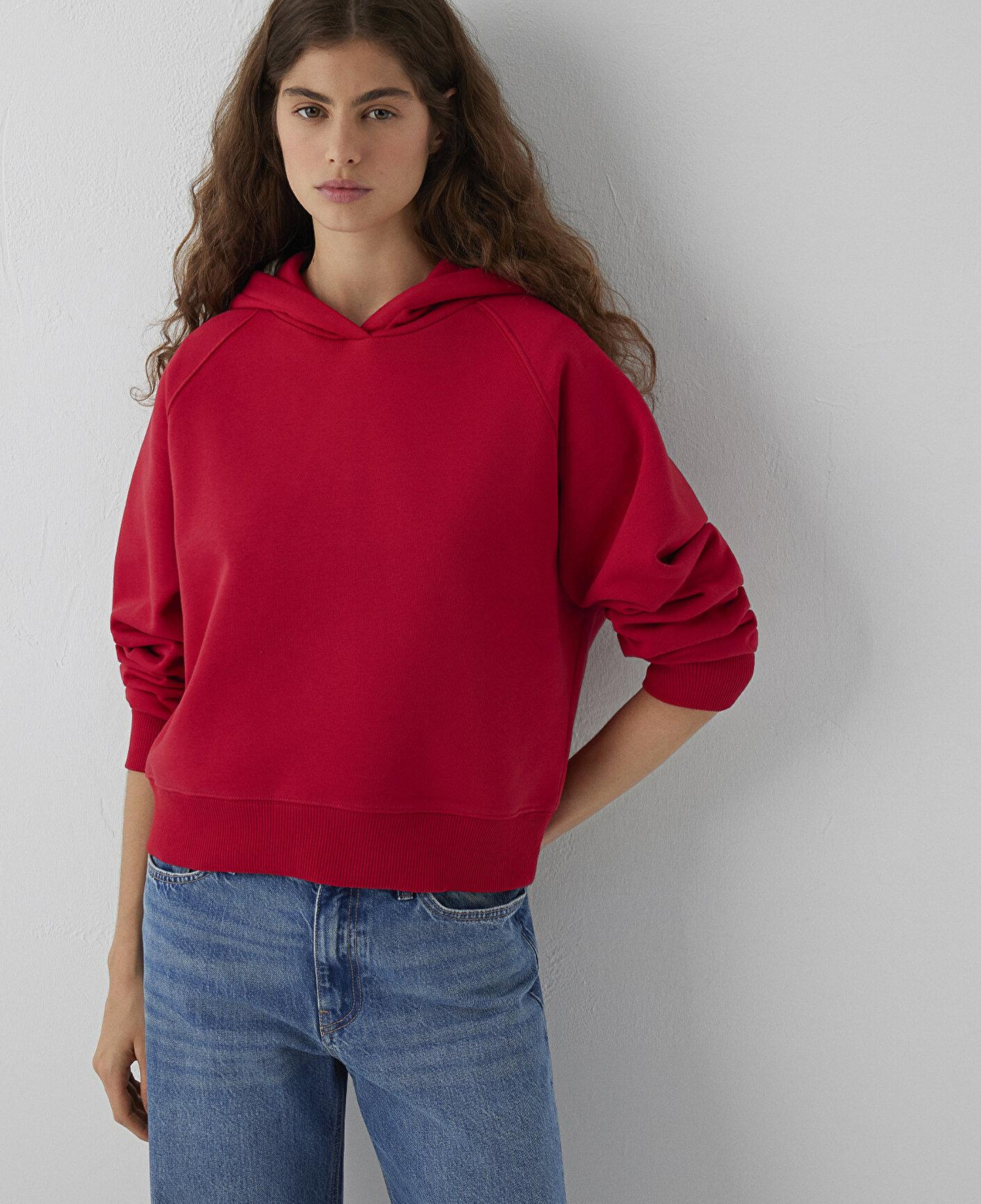Mavi Kapüşonlu Kırmızı Basic Sweatshirt 1S10577-86417