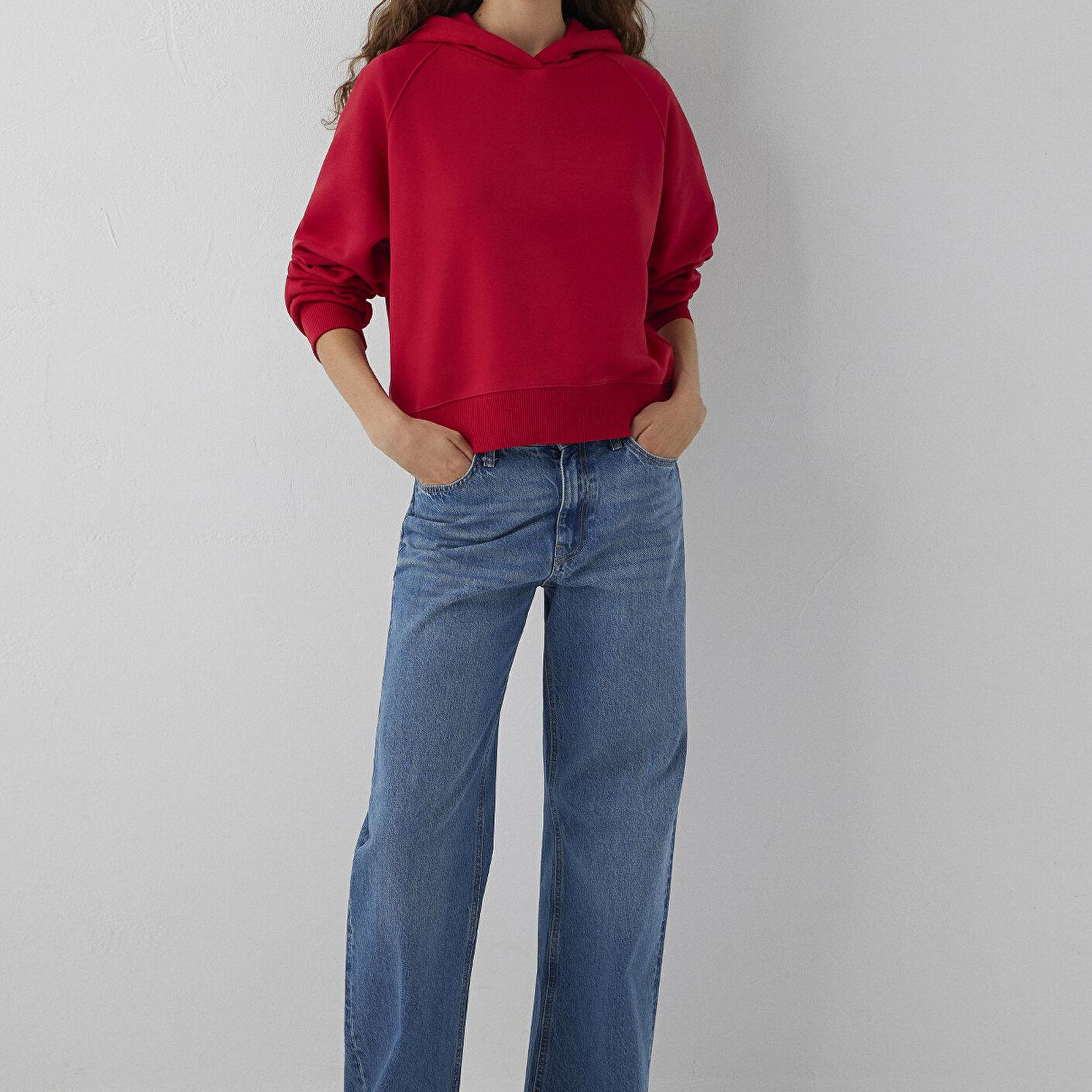 Mavi Kapüşonlu Kırmızı Basic Sweatshirt 1S10577-86417