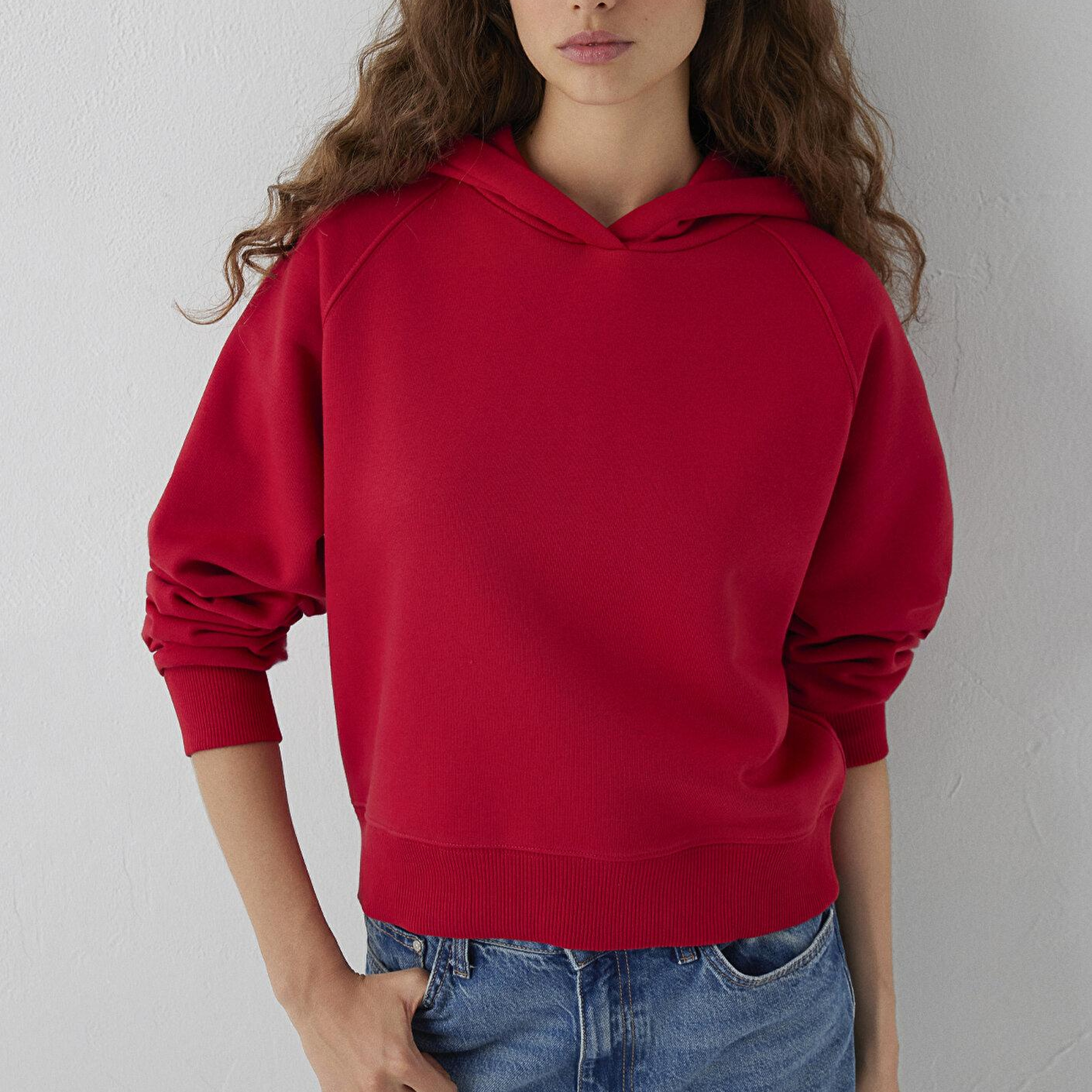 Mavi Kapüşonlu Kırmızı Basic Sweatshirt 1S10577-86417