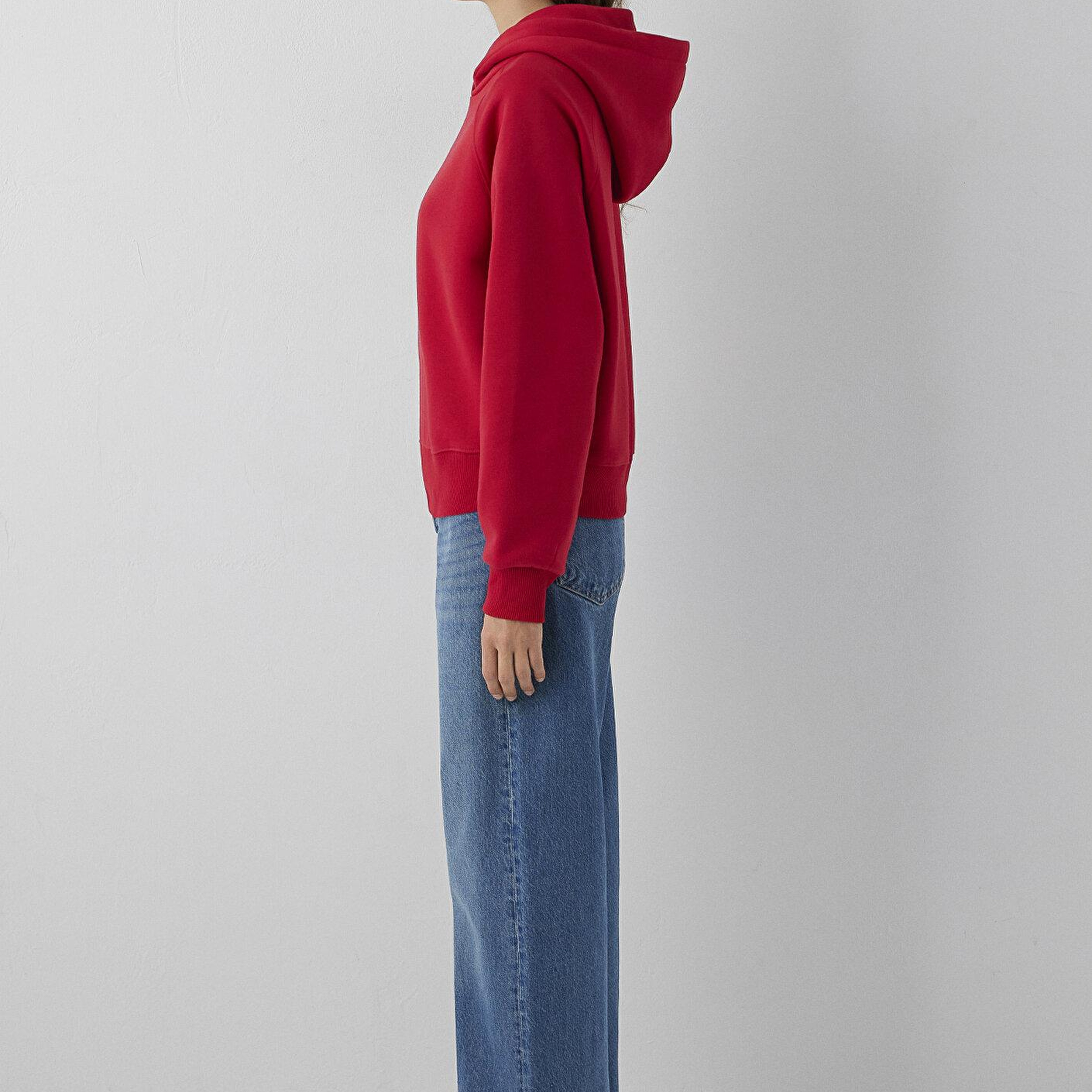 Mavi Kapüşonlu Kırmızı Basic Sweatshirt 1S10577-86417