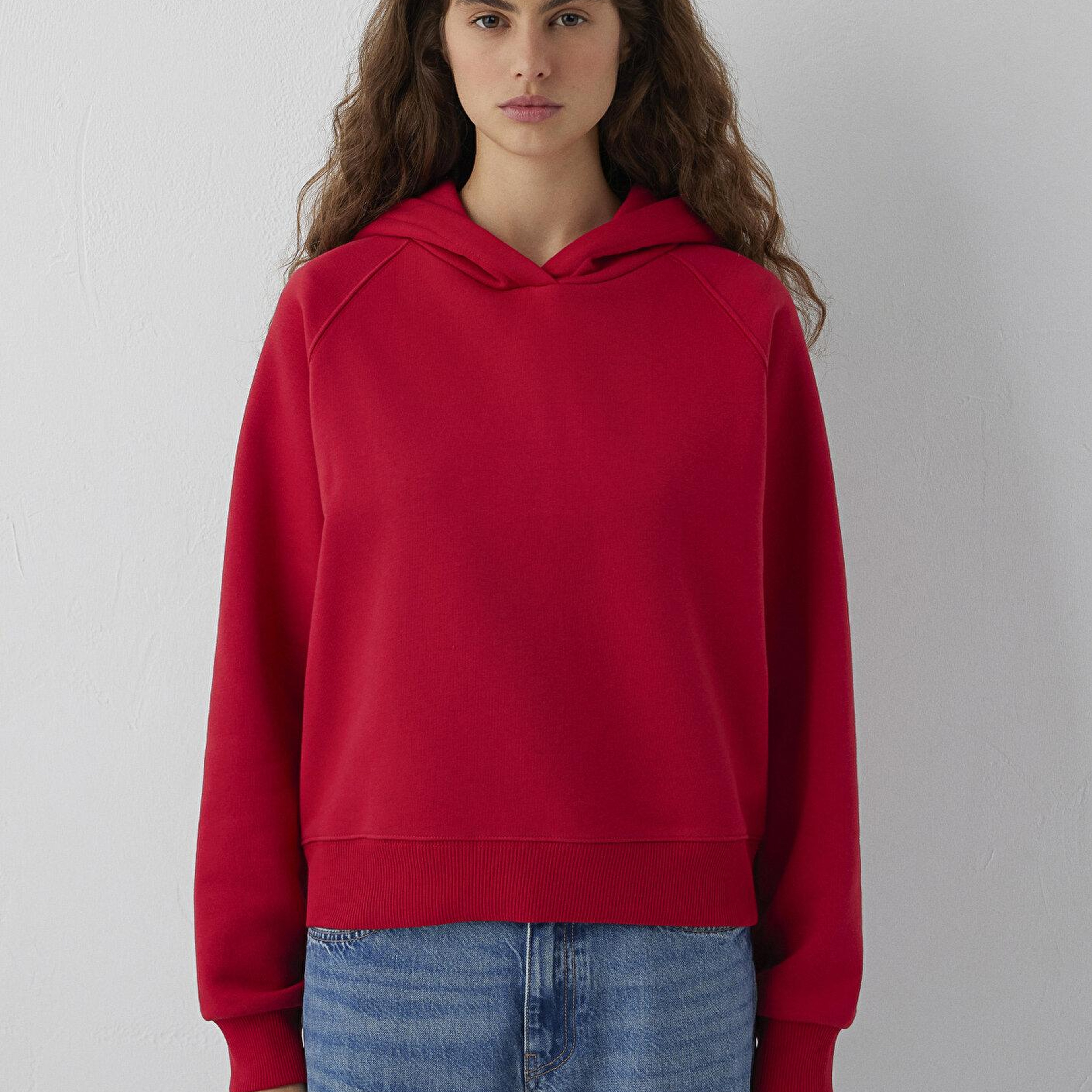 Mavi Kapüşonlu Kırmızı Basic Sweatshirt 1S10577-86417
