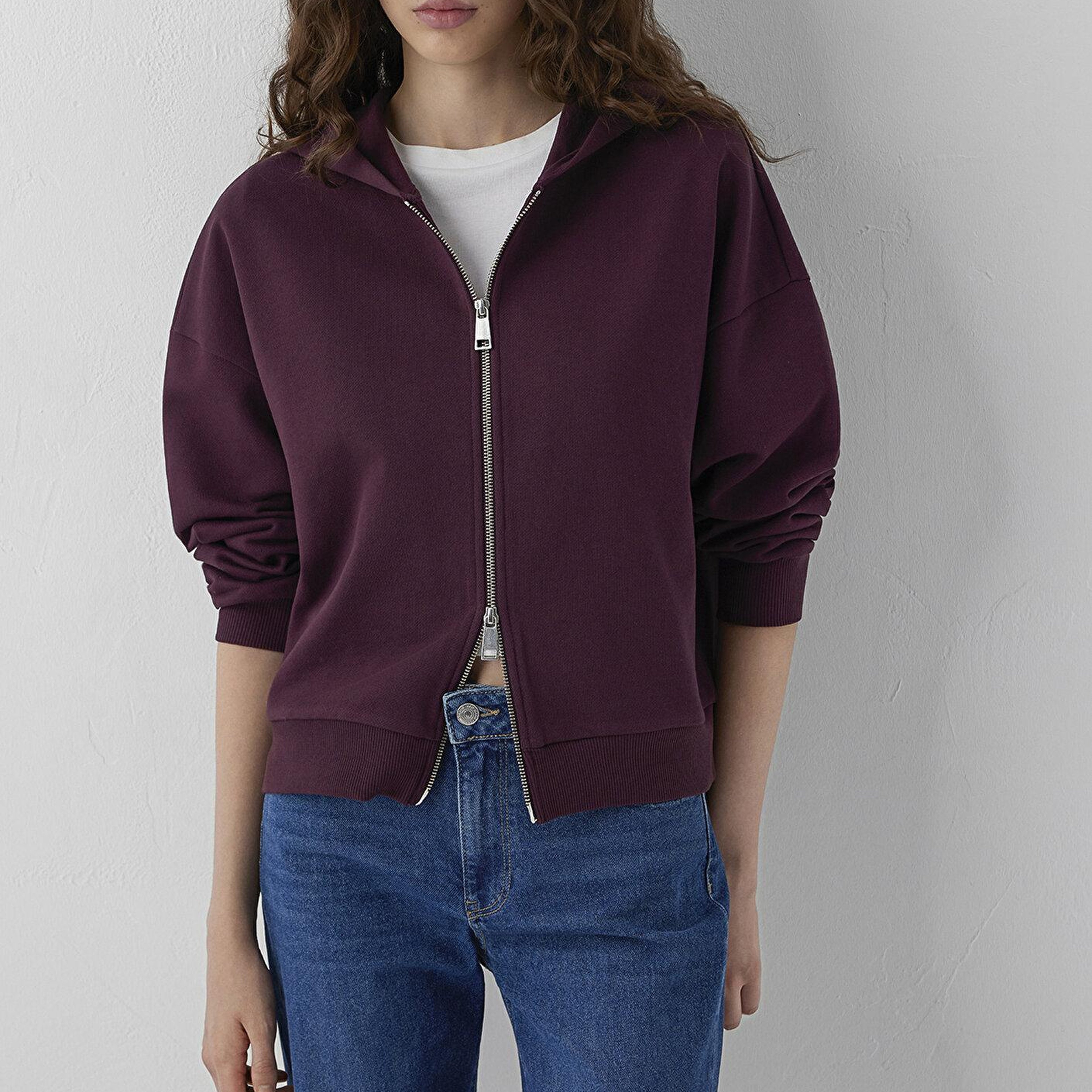 Mavi Kapüşonlu Fermuarlı Bordo Sweatshirt 1S10566-70434