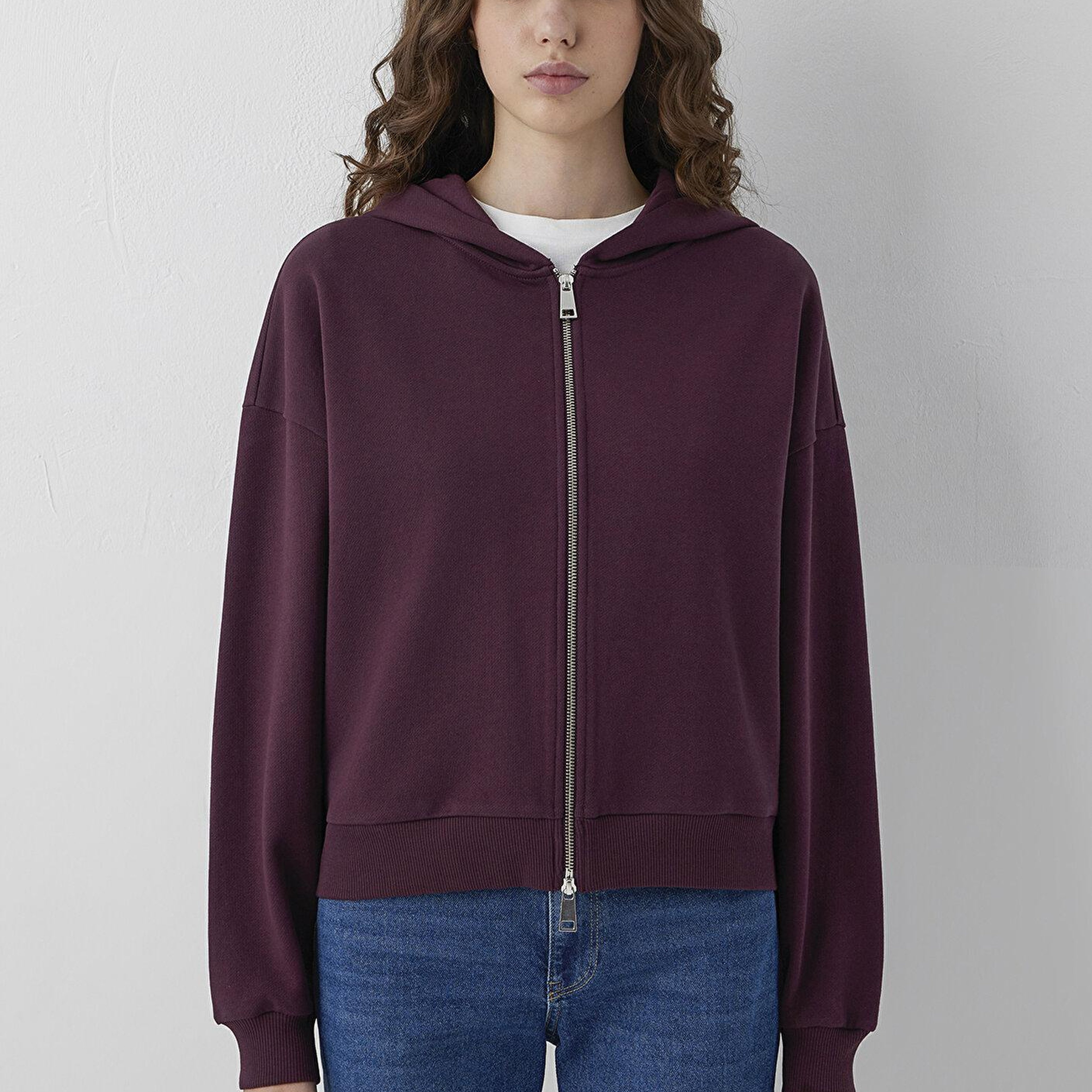 Mavi Kapüşonlu Fermuarlı Bordo Sweatshirt 1S10566-70434