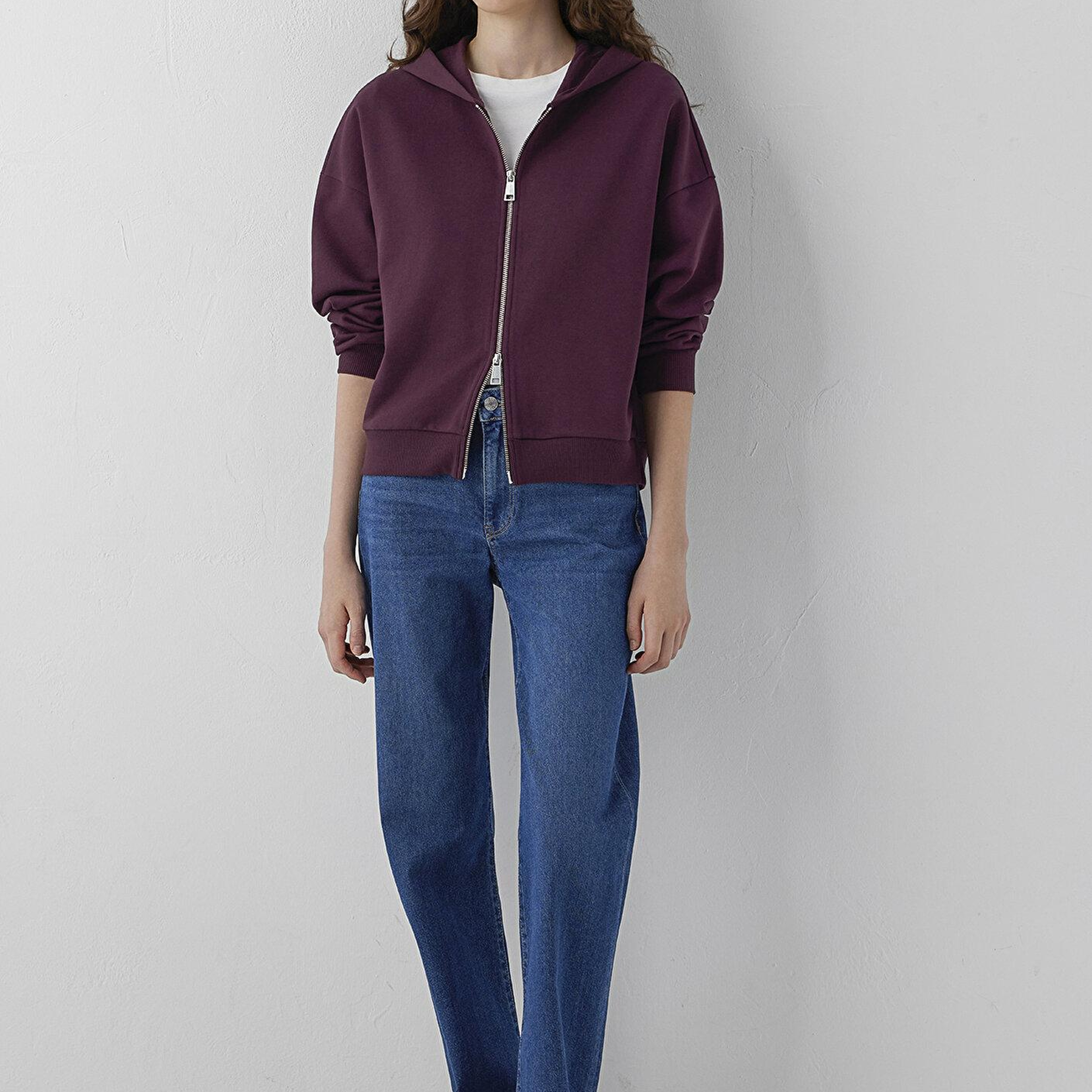 Mavi Kapüşonlu Fermuarlı Bordo Sweatshirt 1S10566-70434