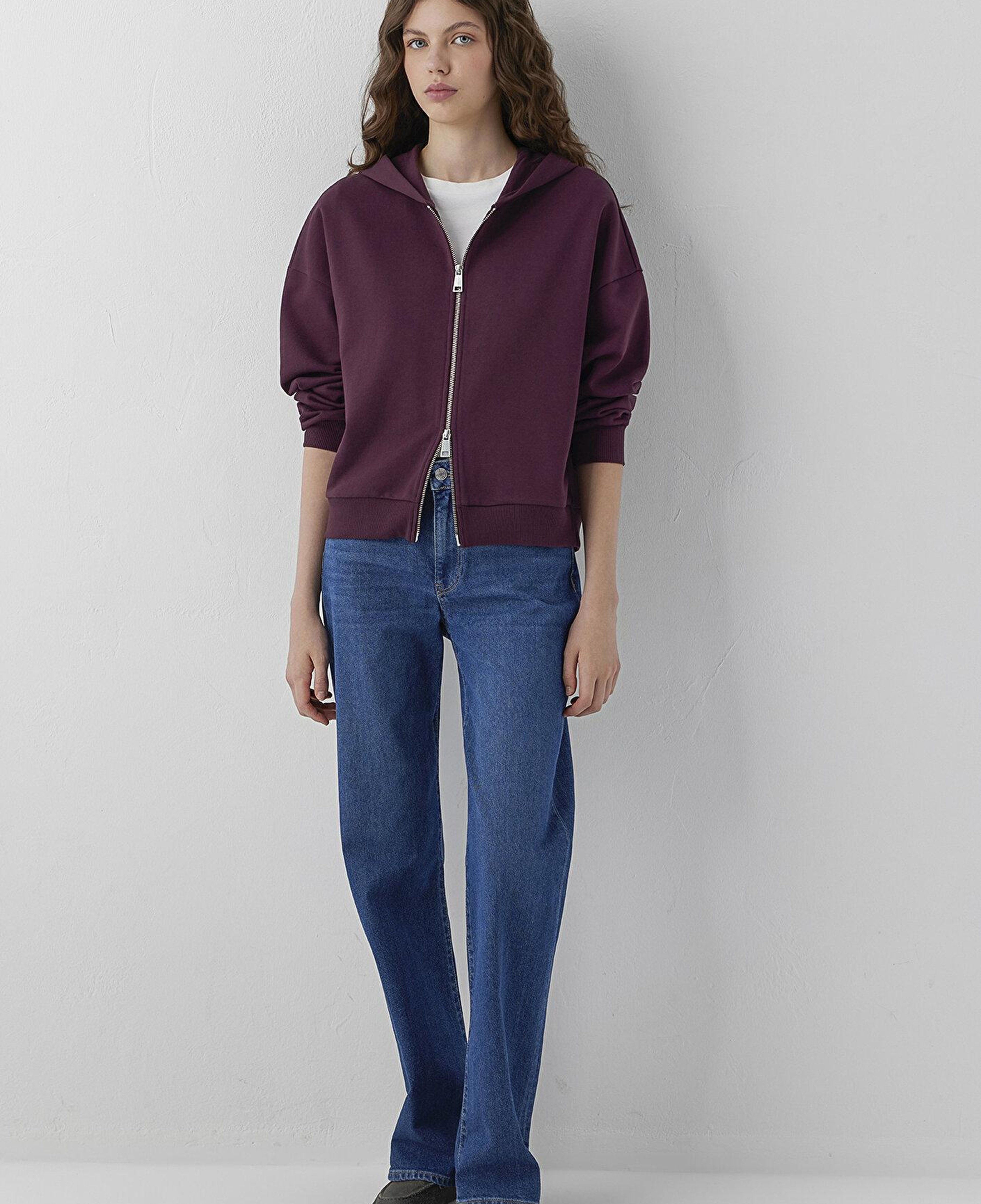 Mavi Kapüşonlu Fermuarlı Bordo Sweatshirt 1S10566-70434