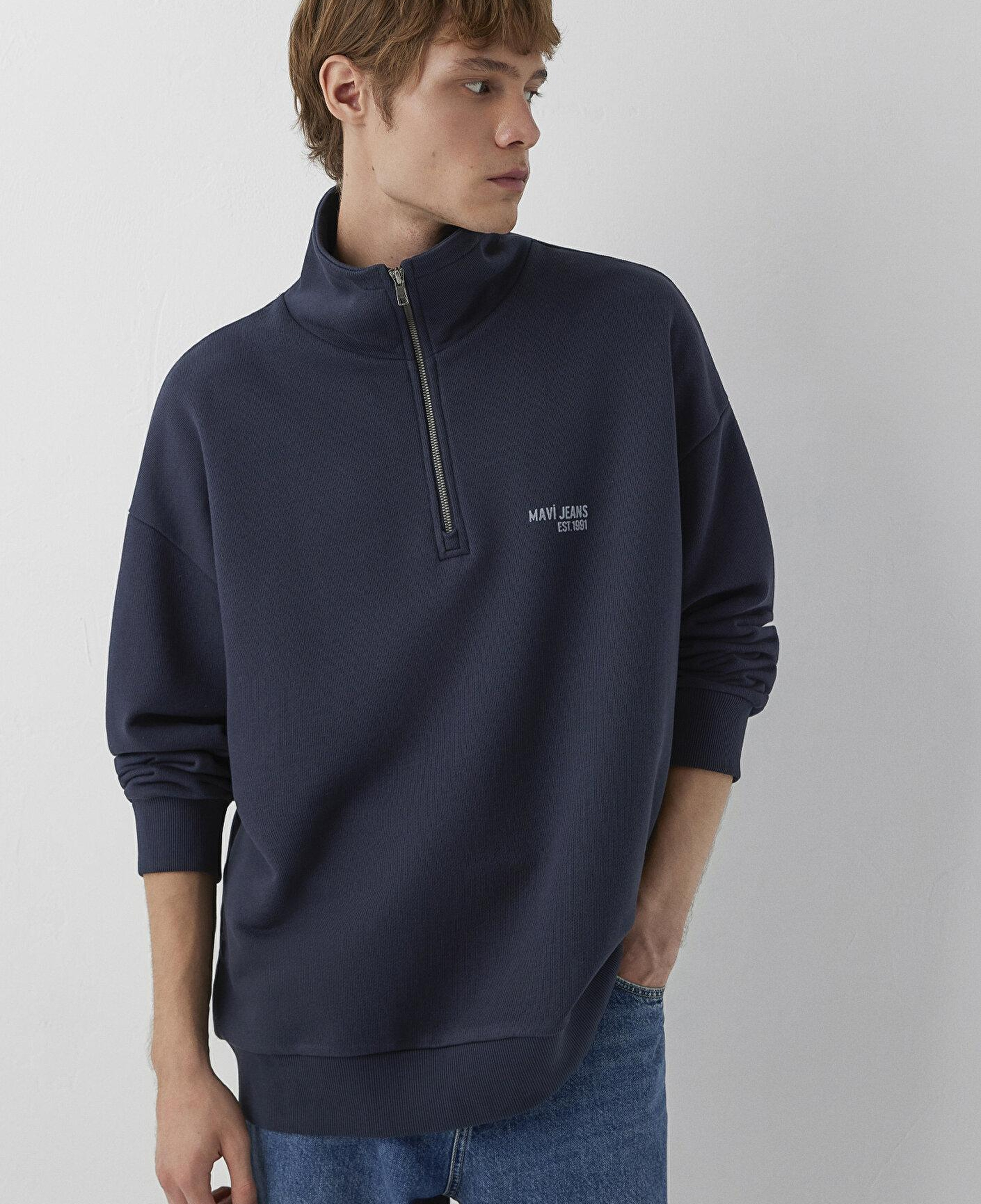 Mavi Mavi Logo Baskılı Yarı Fermuarlı Lacivert Sweatshirt 0S10678-70490