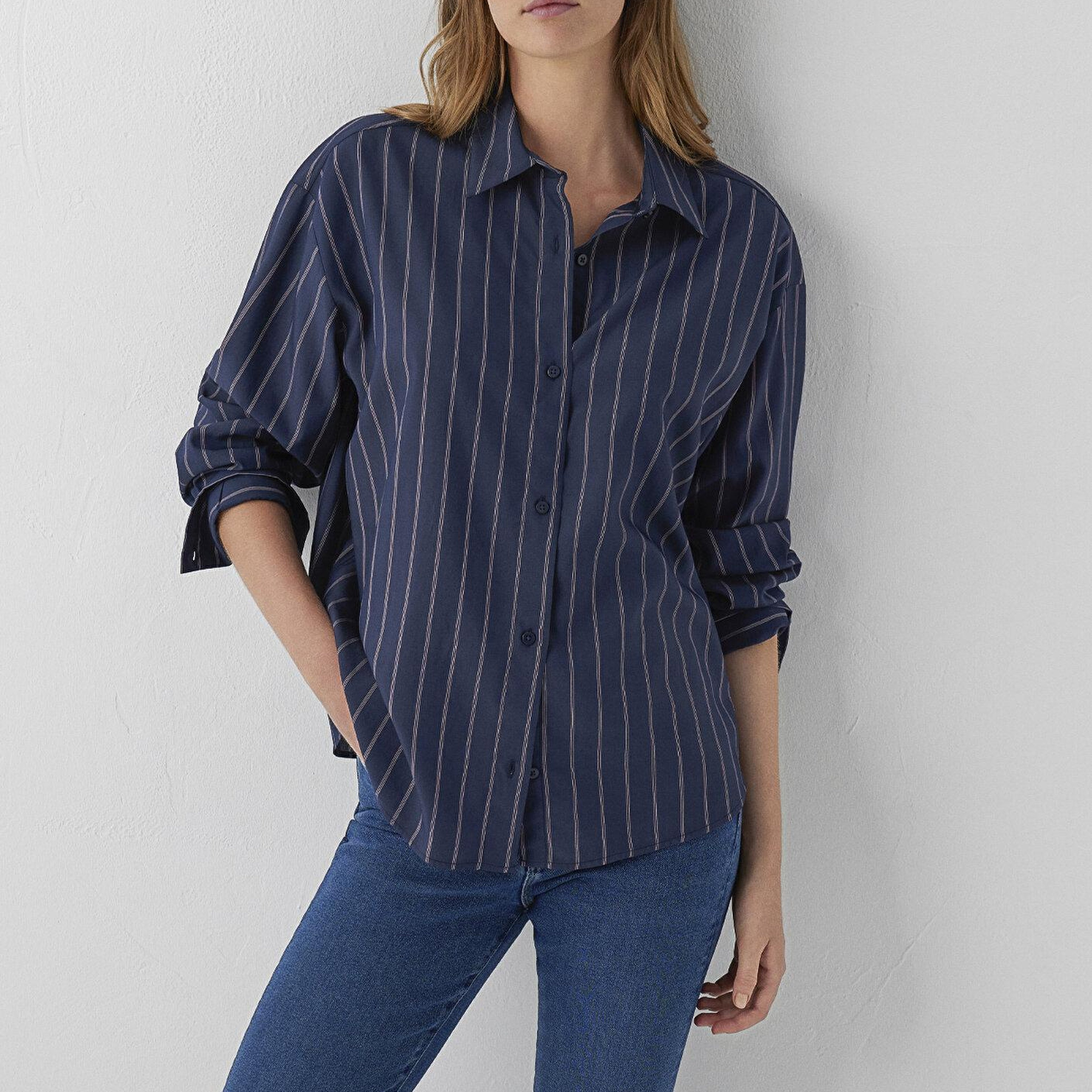 Mavi Çizgili Gömlek Oversize / Geniş Kesim 1220417-89853