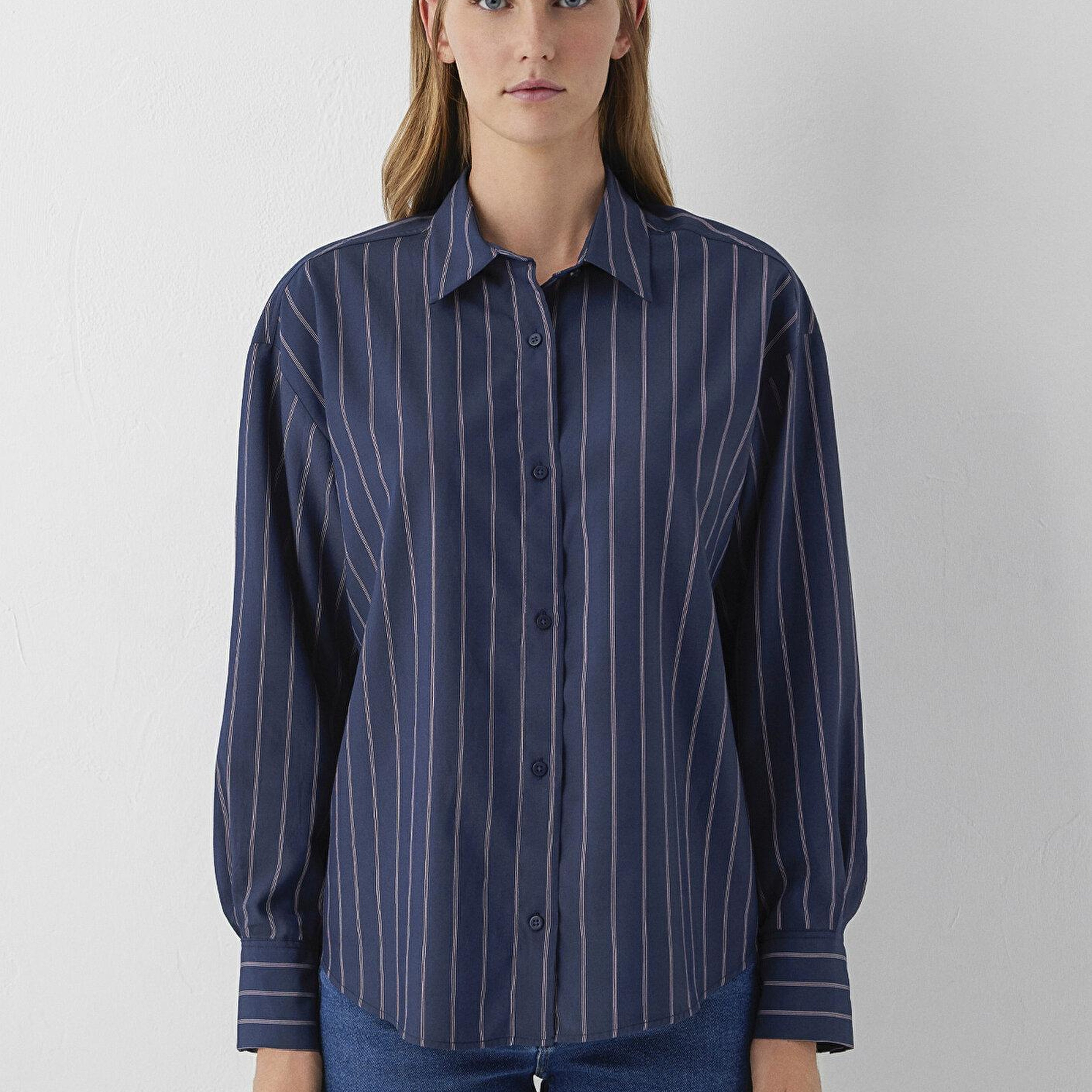 Mavi Çizgili Gömlek Oversize / Geniş Kesim 1220417-89853