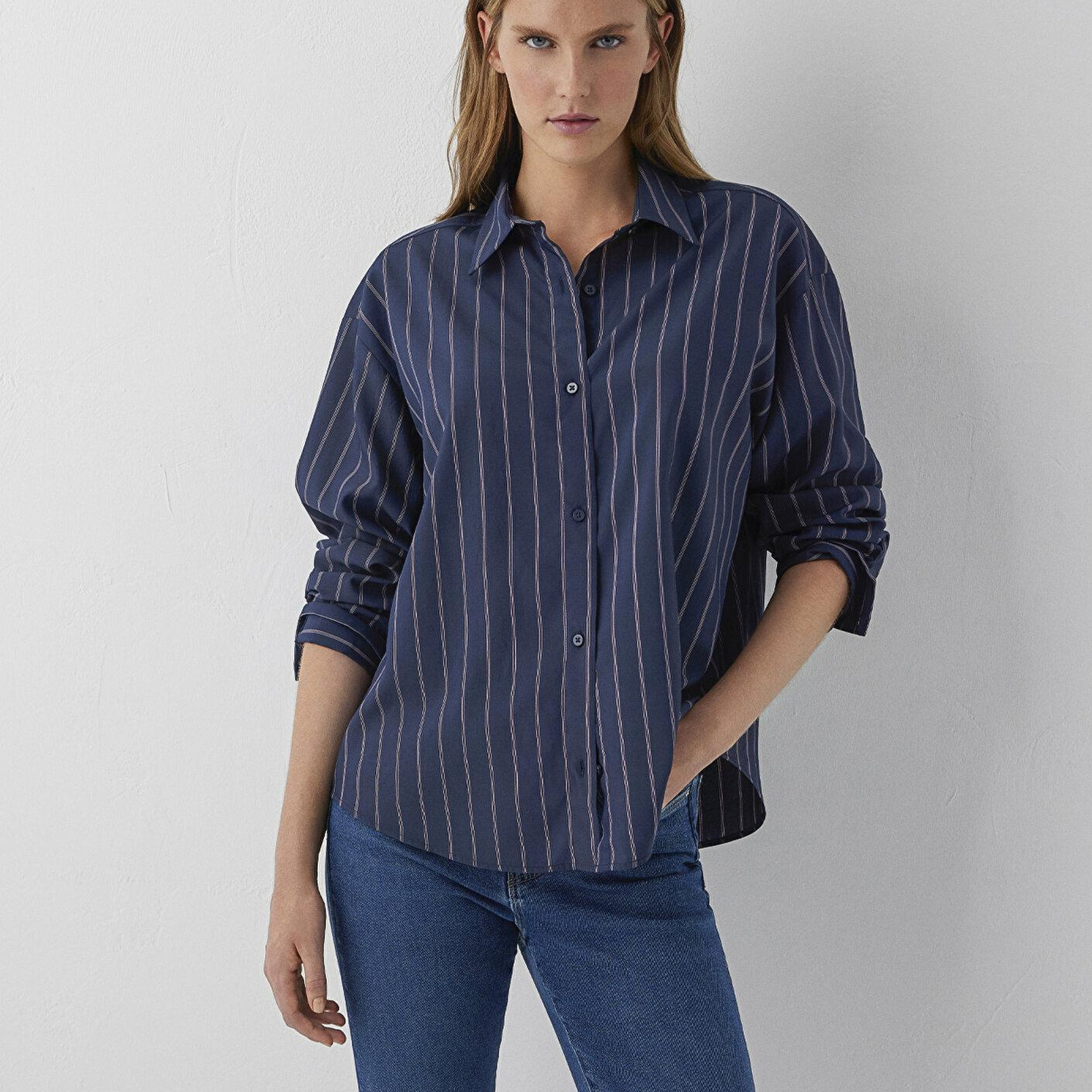Mavi Çizgili Gömlek Oversize / Geniş Kesim 1220417-89853