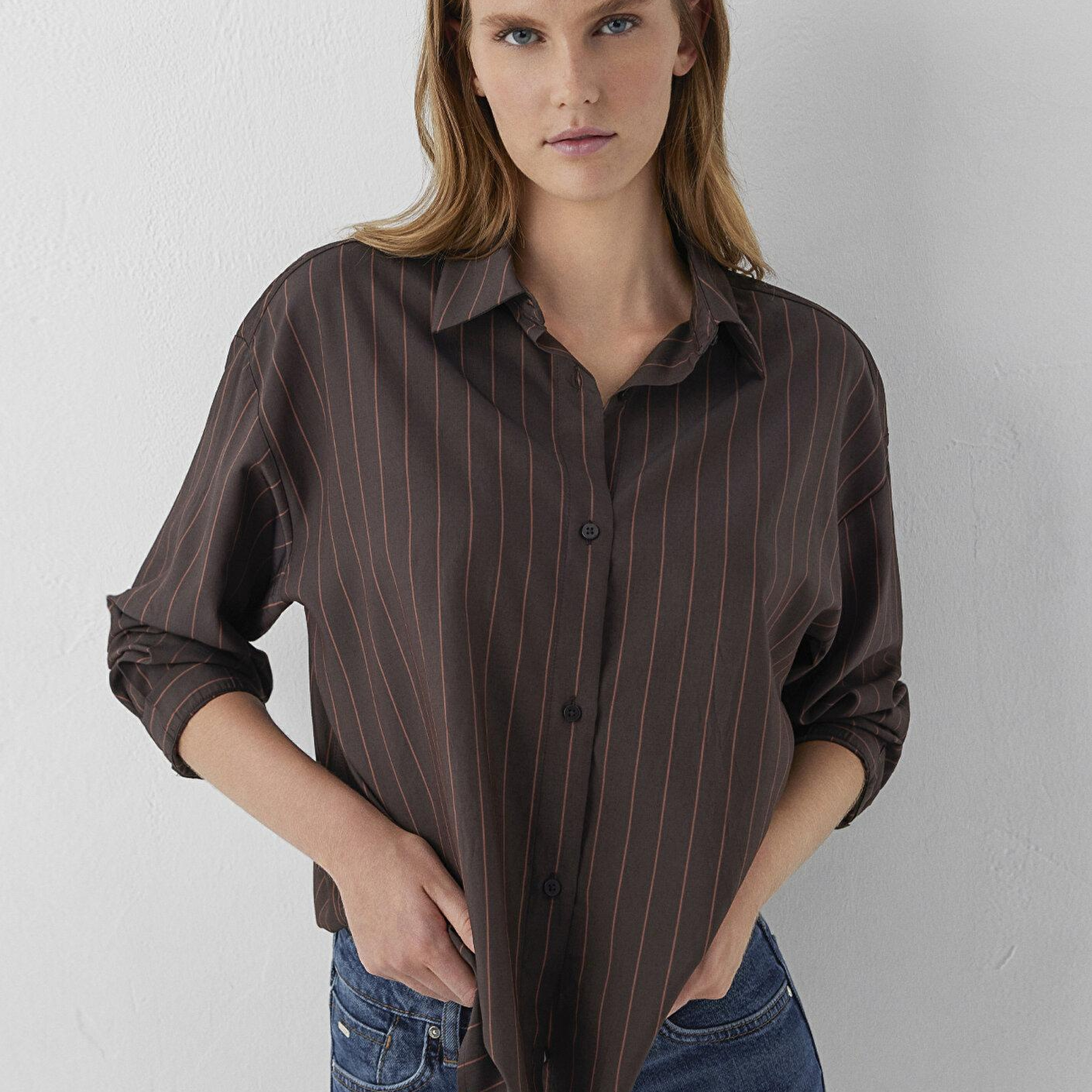 Mavi Çizgili Gömlek Oversize / Geniş Kesim 1220417-90777
