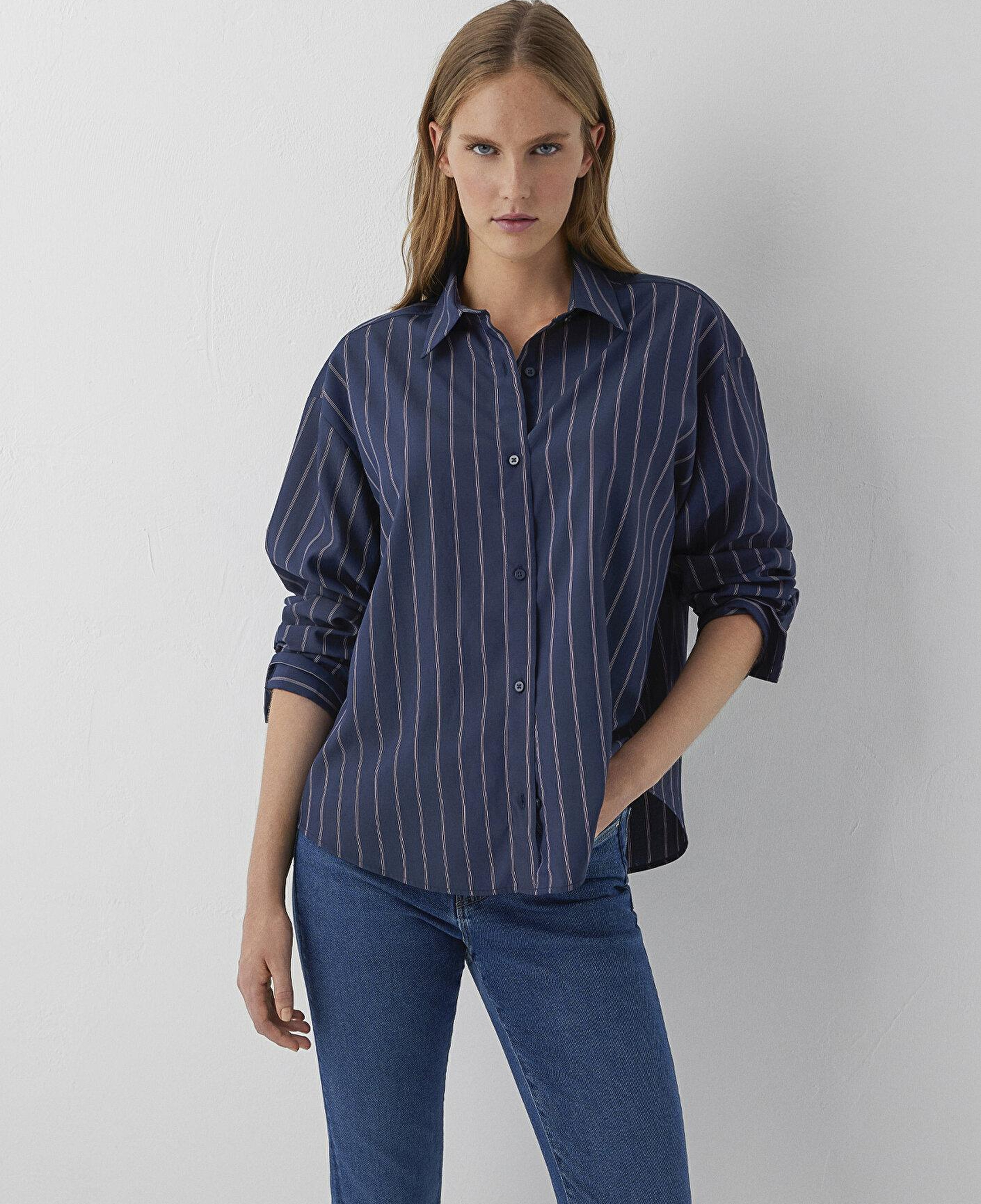 Mavi Çizgili Gömlek Oversize / Geniş Kesim 1220417-89853