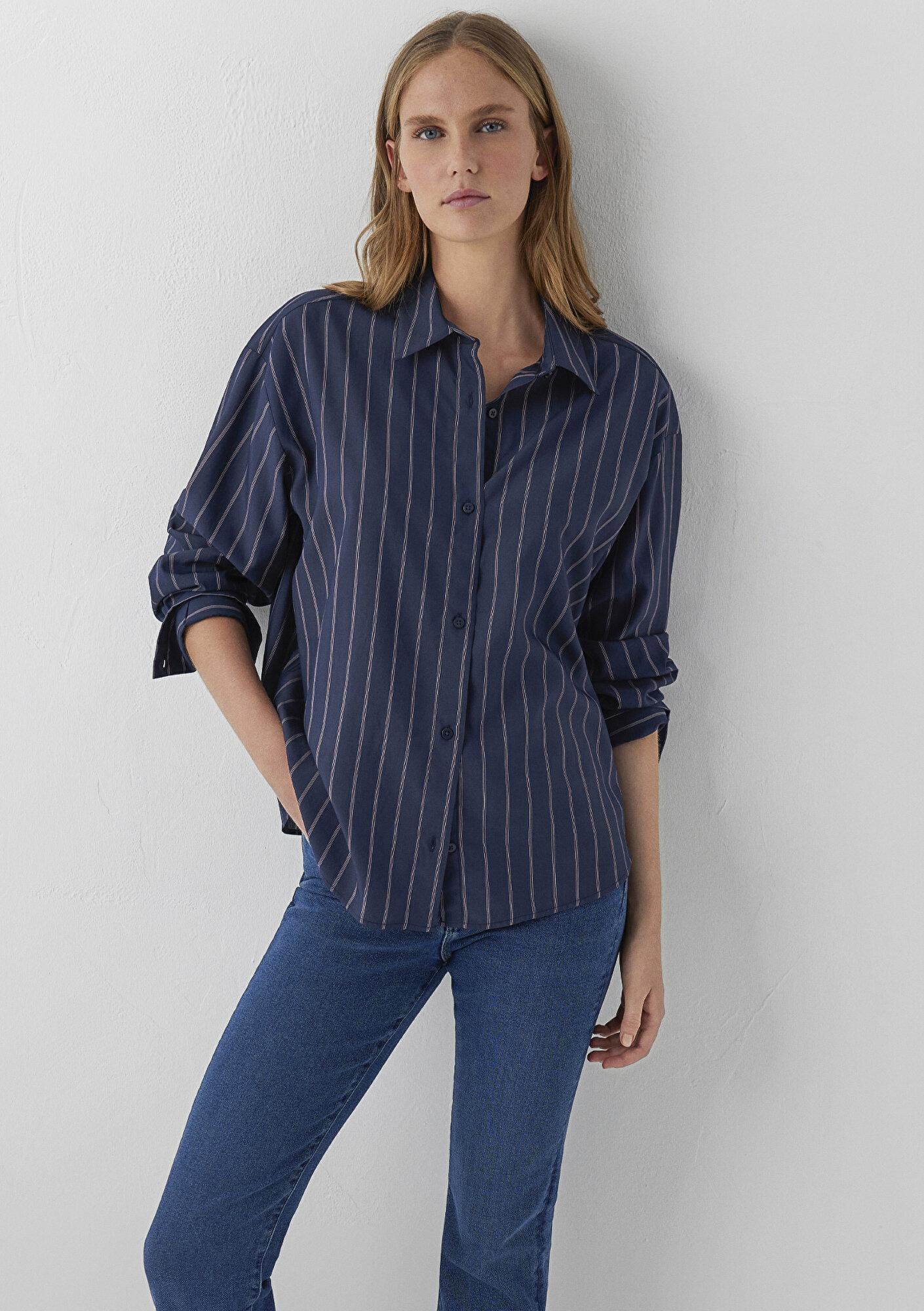 Mavi Çizgili Gömlek Oversize / Geniş Kesim 1220417-89853