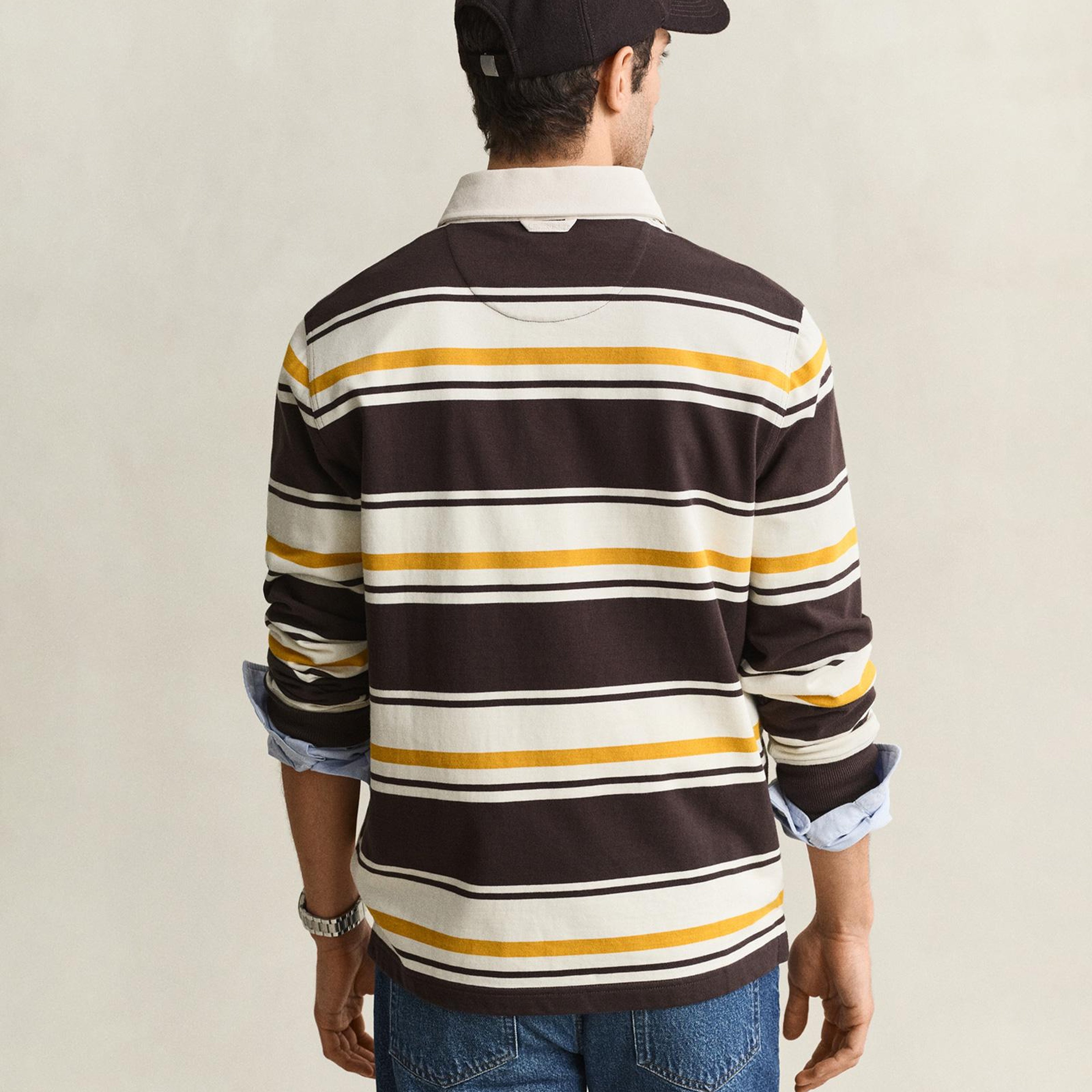 GANT Erkek Kahverengi Çizgili Rugby Yaka T-Shirt
