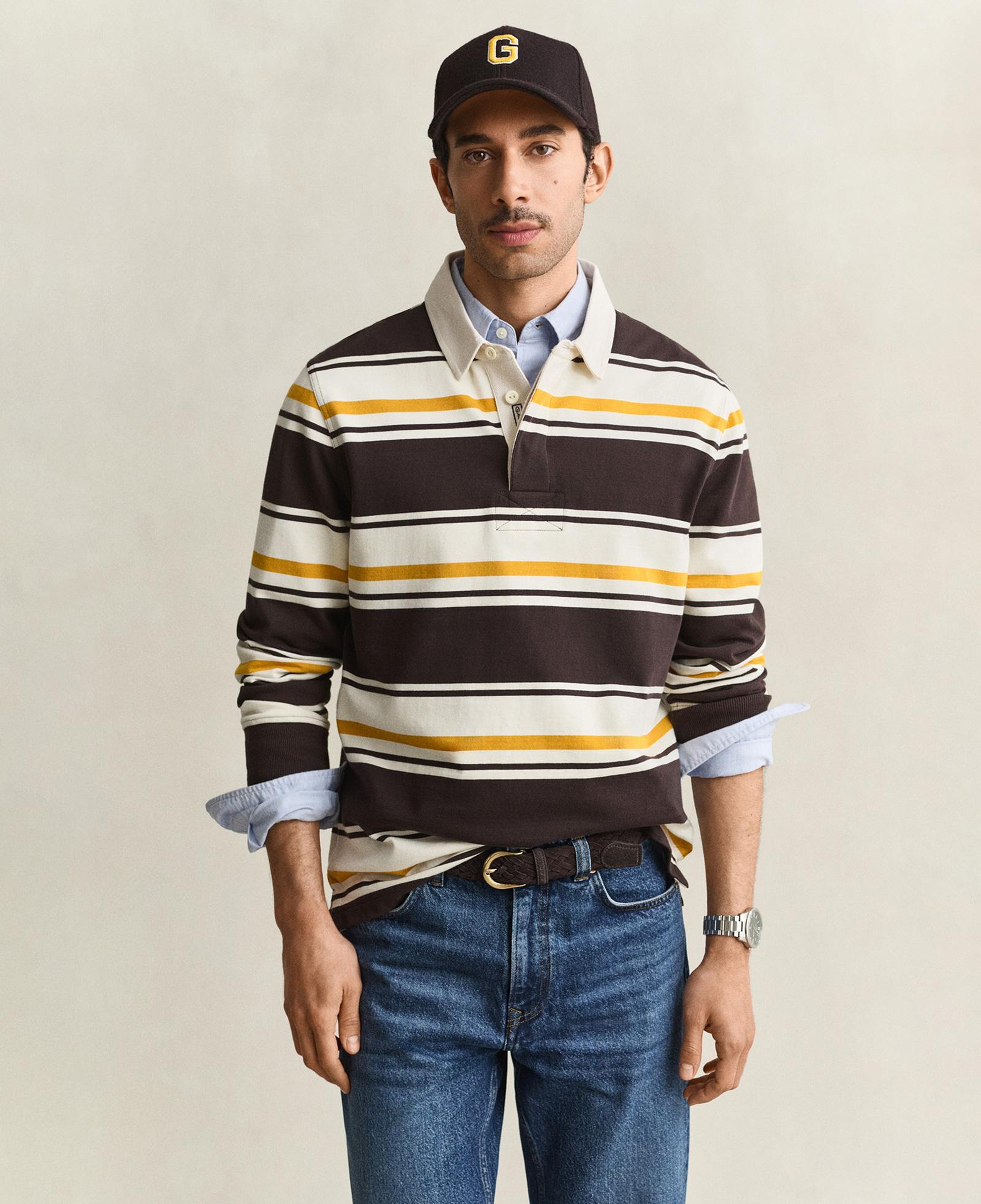 GANT Erkek Kahverengi Çizgili Rugby Yaka T-Shirt