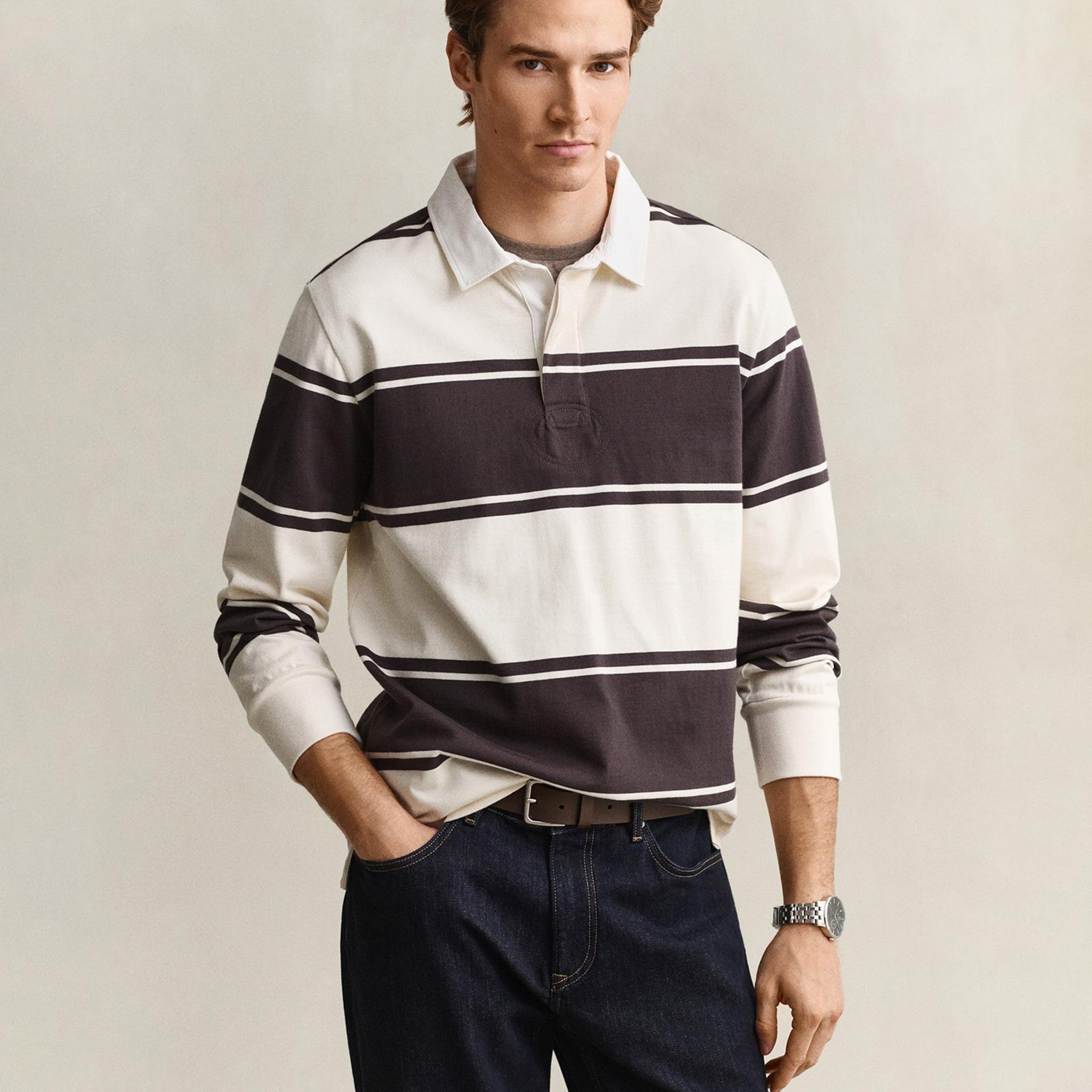 GANT Erkek Kahverengi Çizgili Rugby Yaka T-Shirt