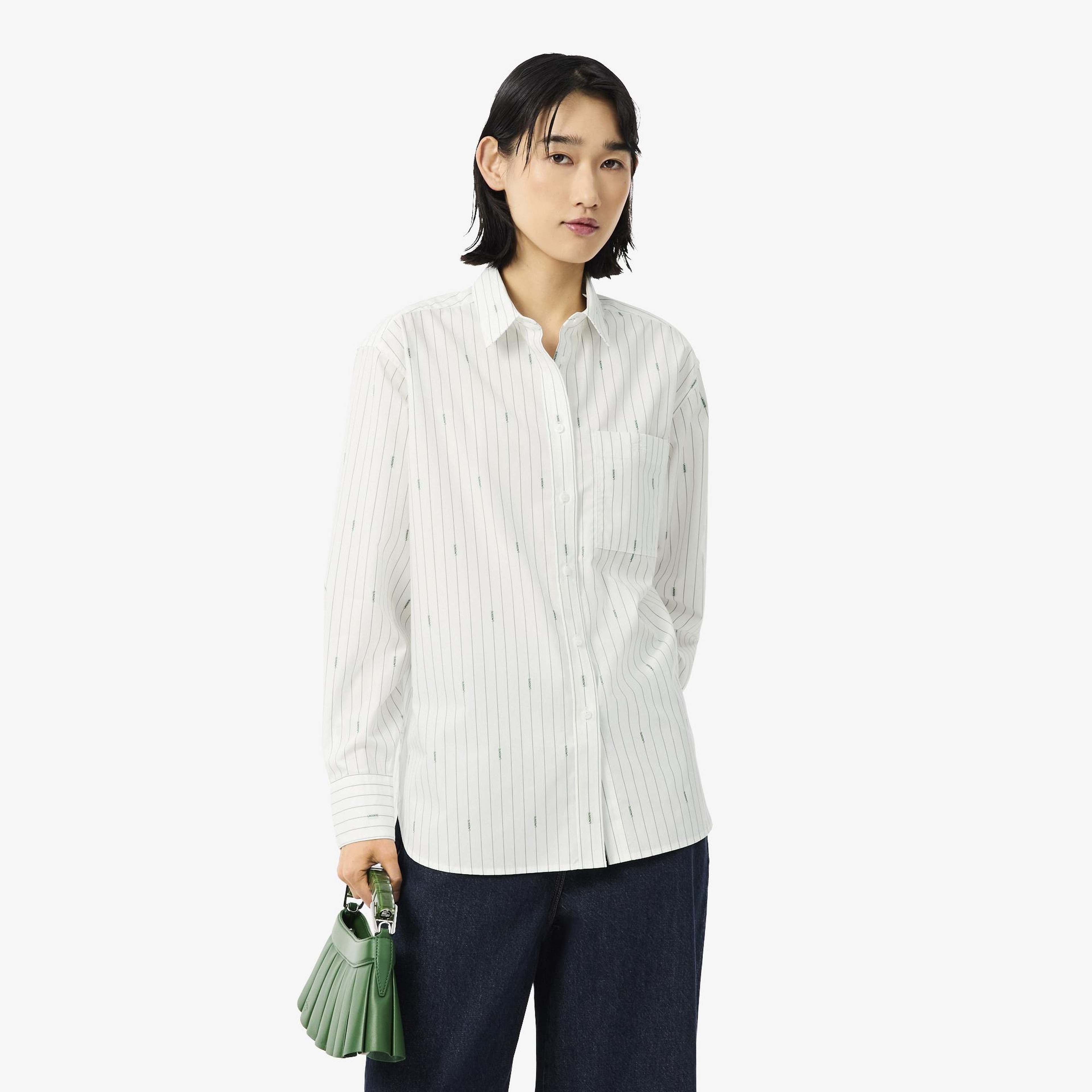 Kadın Oversize Fit Çizgili Beyaz Gömlek