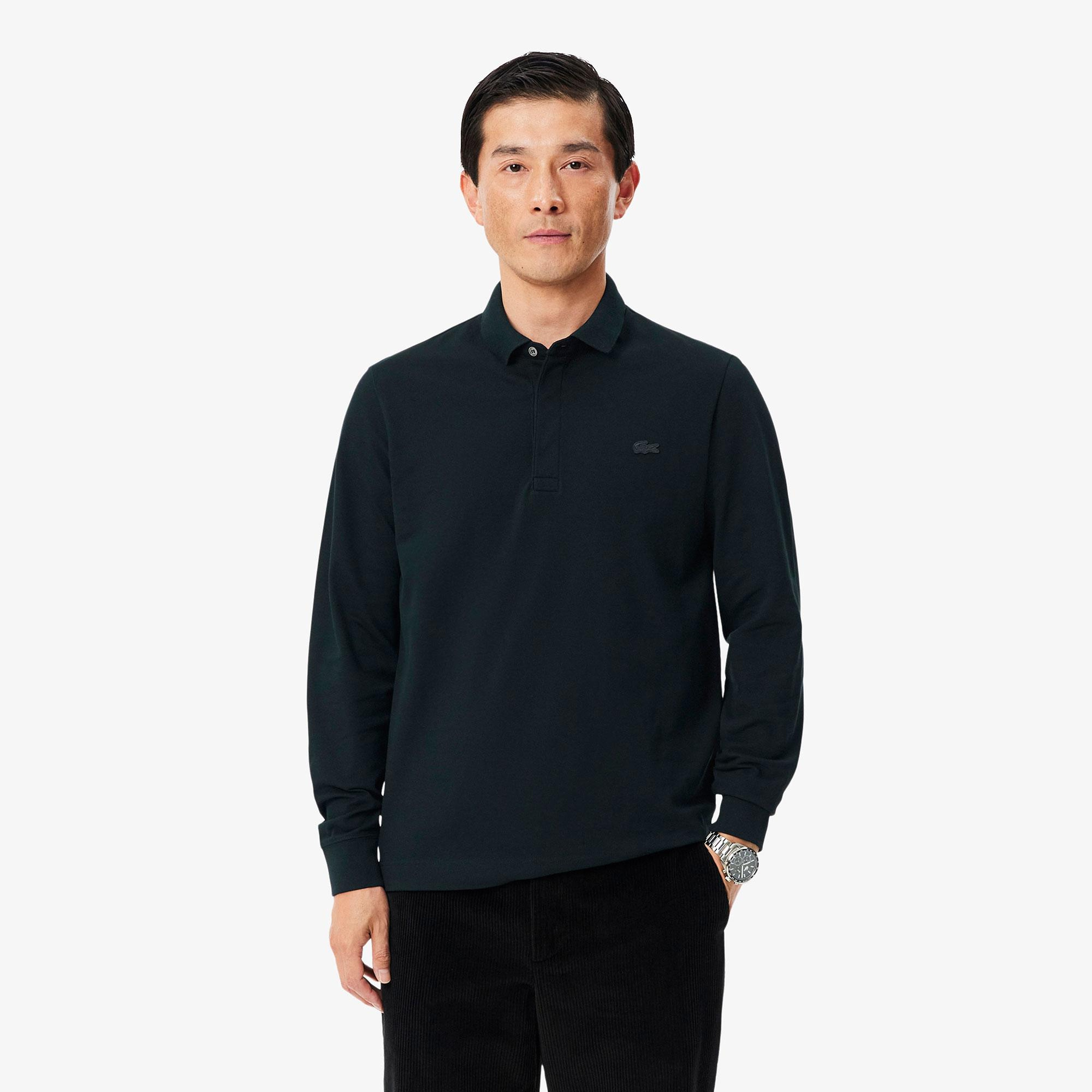 Erkek Regular Fit Uzun Kollu Koyu Yeşil Paris Polo