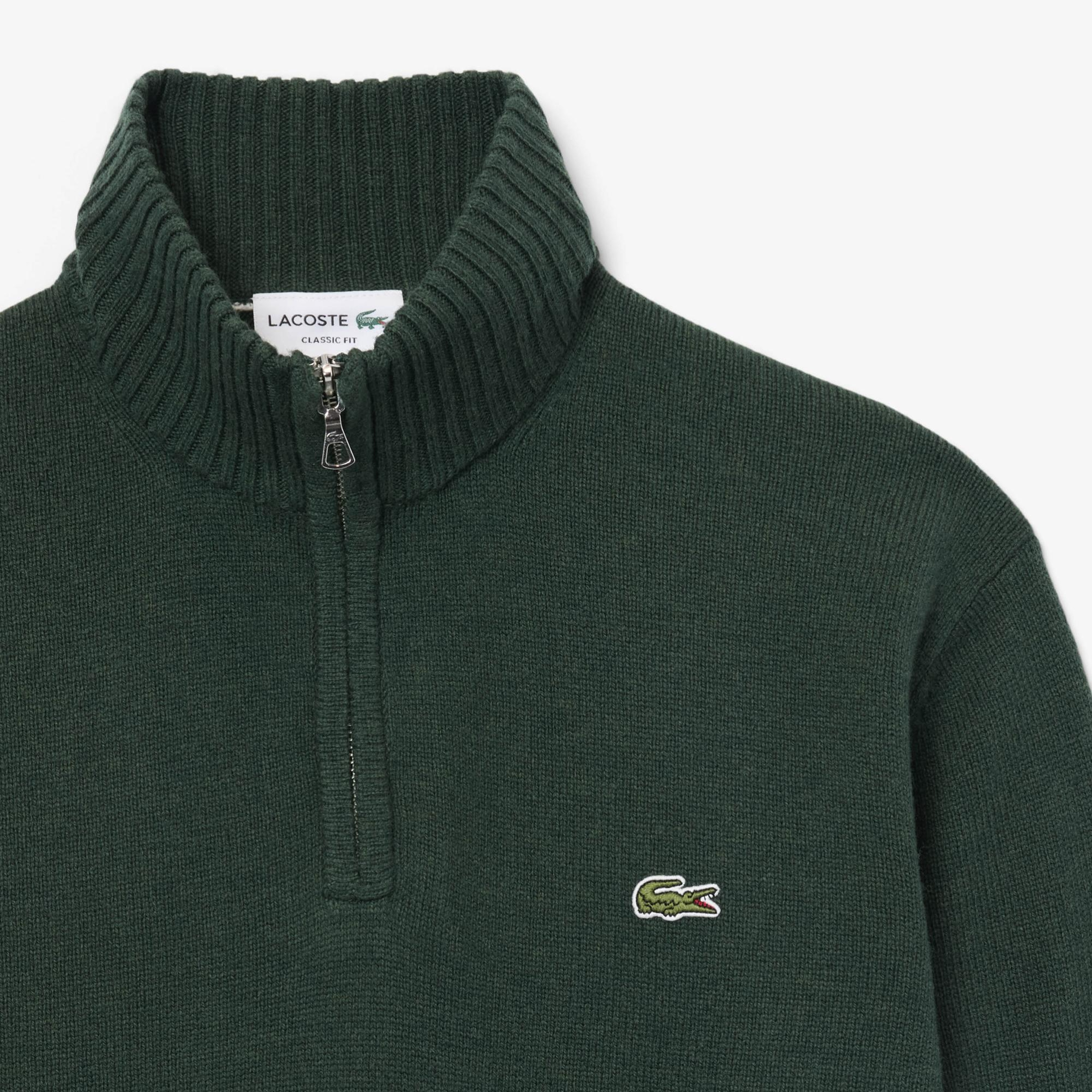 Erkek Classic Fit Yarım Fermuarlı Yün Koyu Yeşil Kazak