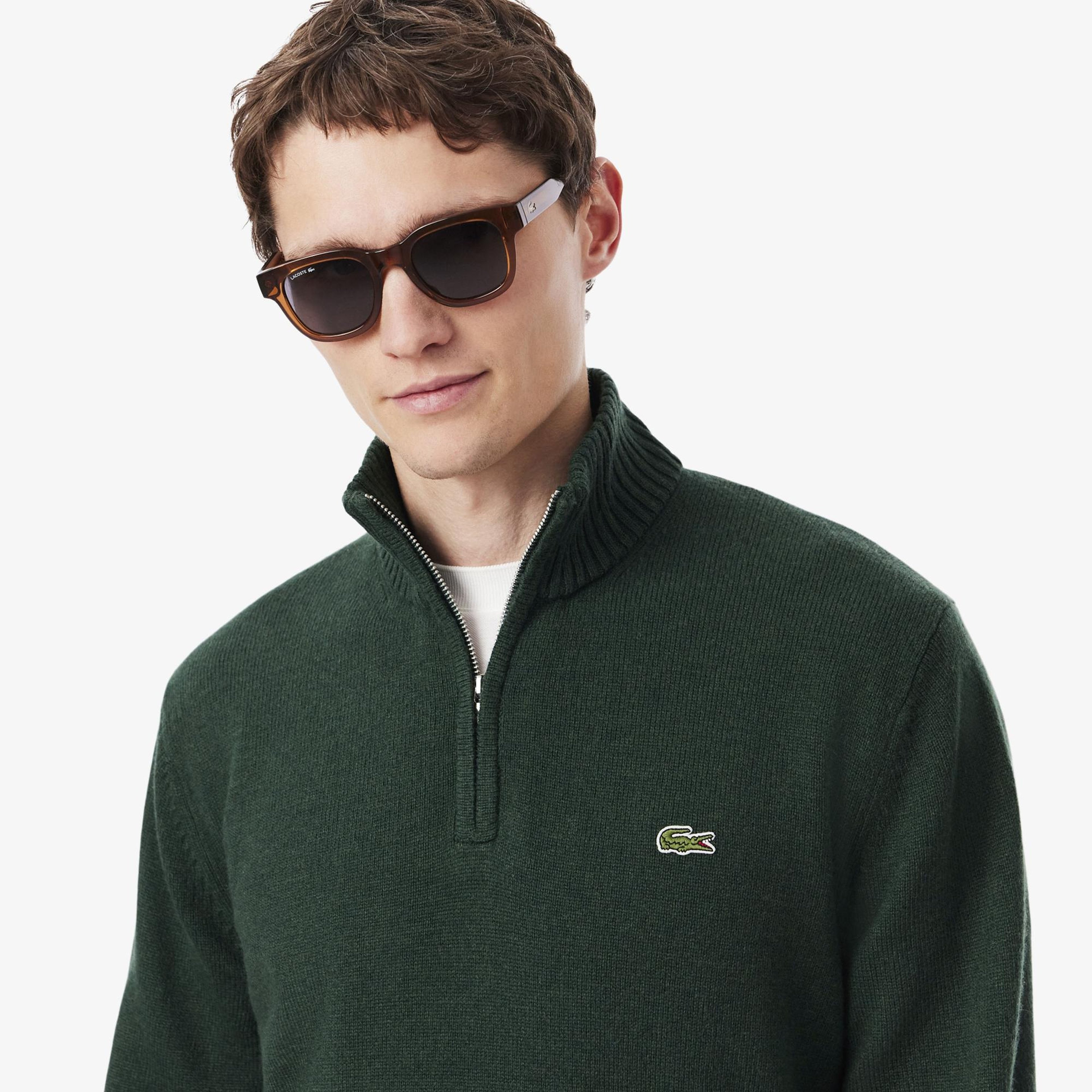 Erkek Classic Fit Yarım Fermuarlı Yün Koyu Yeşil Kazak