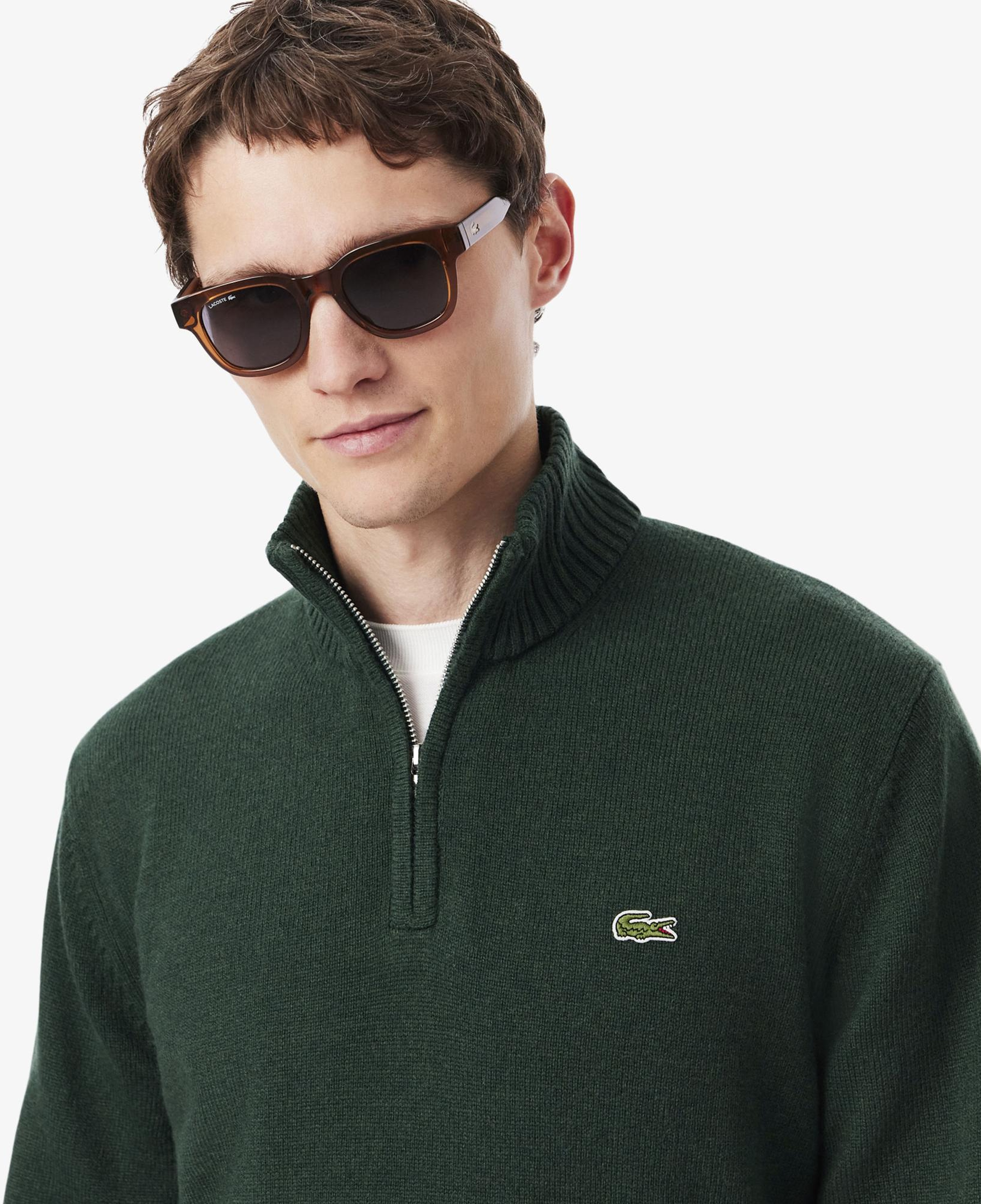 Erkek Classic Fit Yarım Fermuarlı Yün Koyu Yeşil Kazak