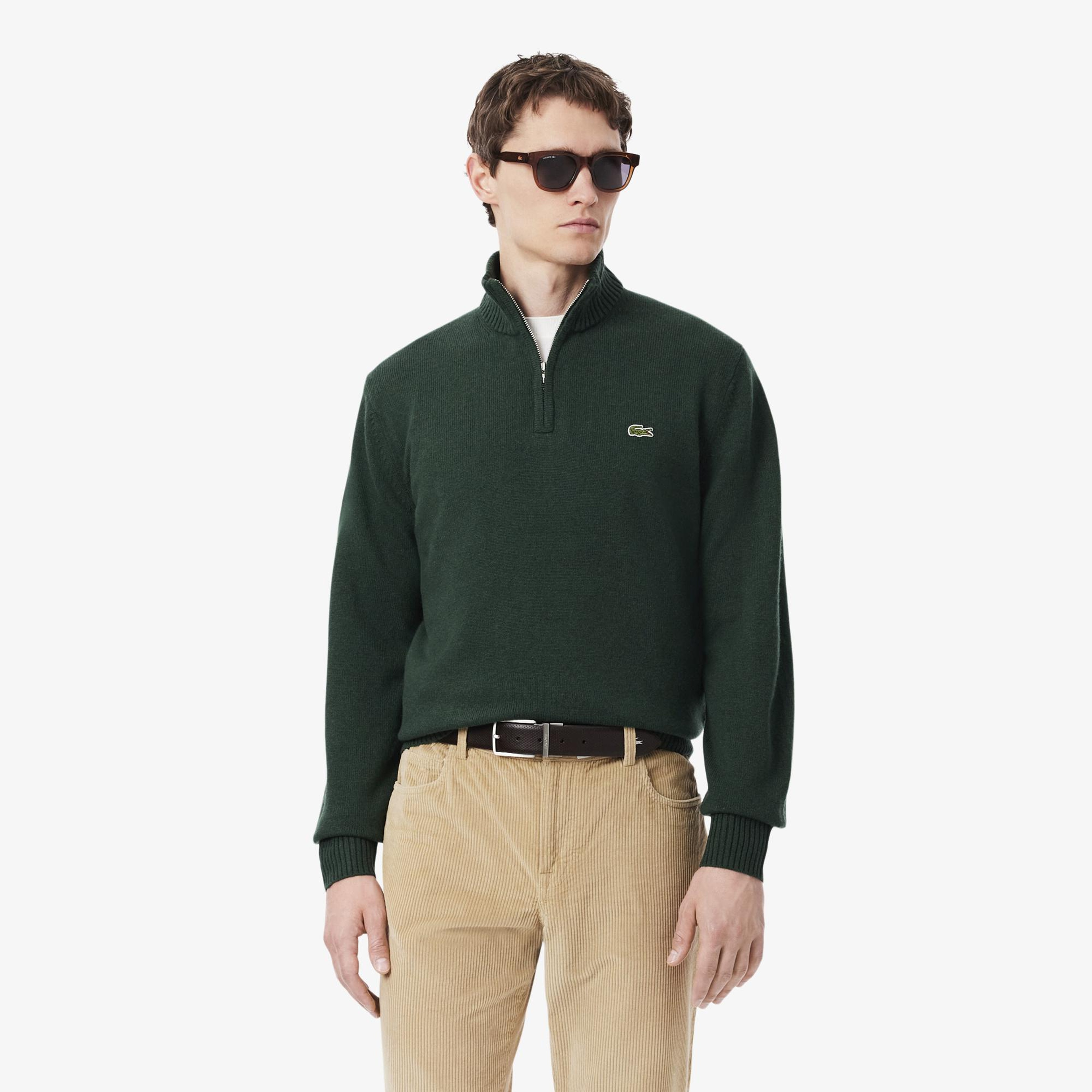 Erkek Classic Fit Yarım Fermuarlı Yün Koyu Yeşil Kazak