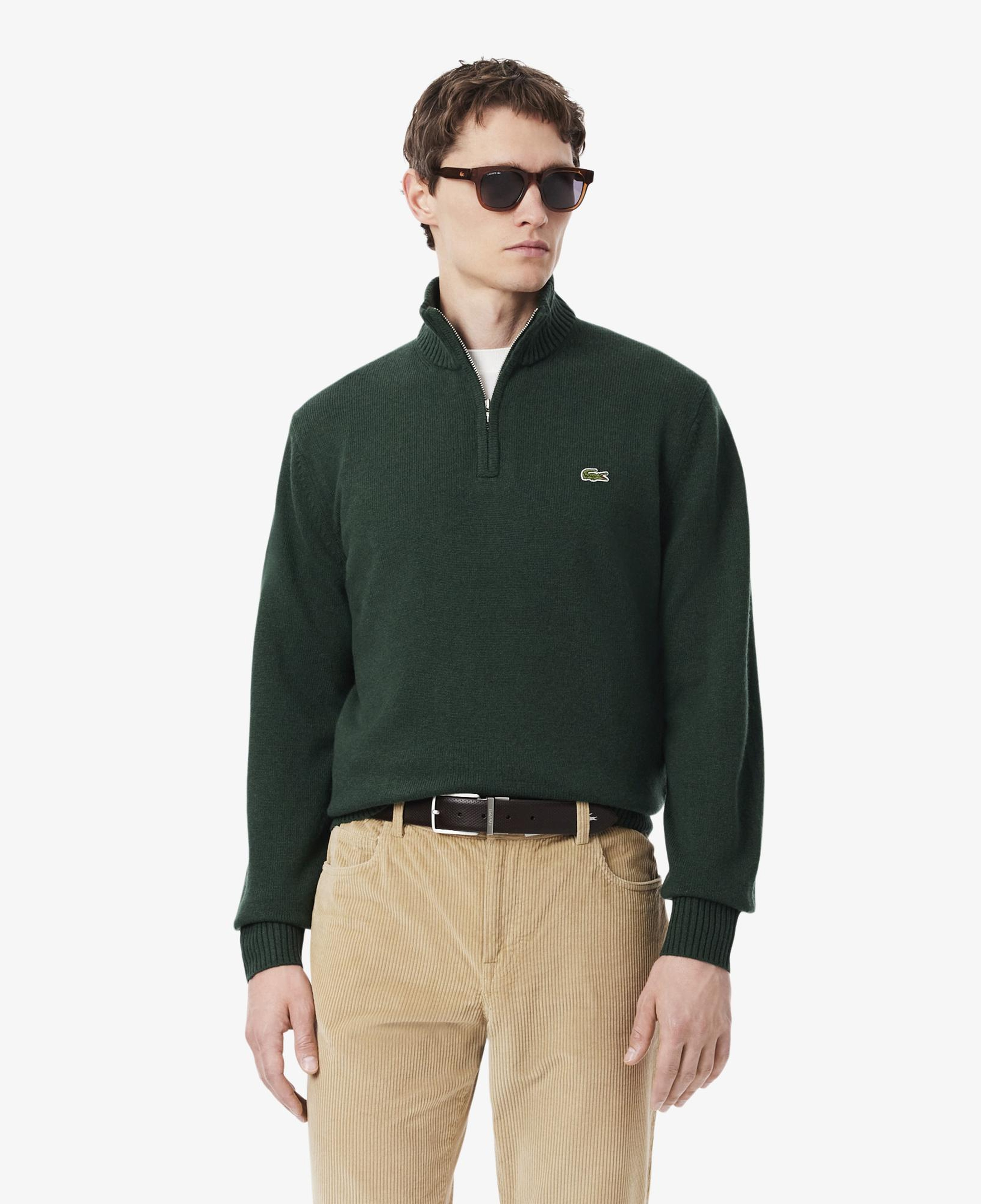 Erkek Classic Fit Yarım Fermuarlı Yün Koyu Yeşil Kazak