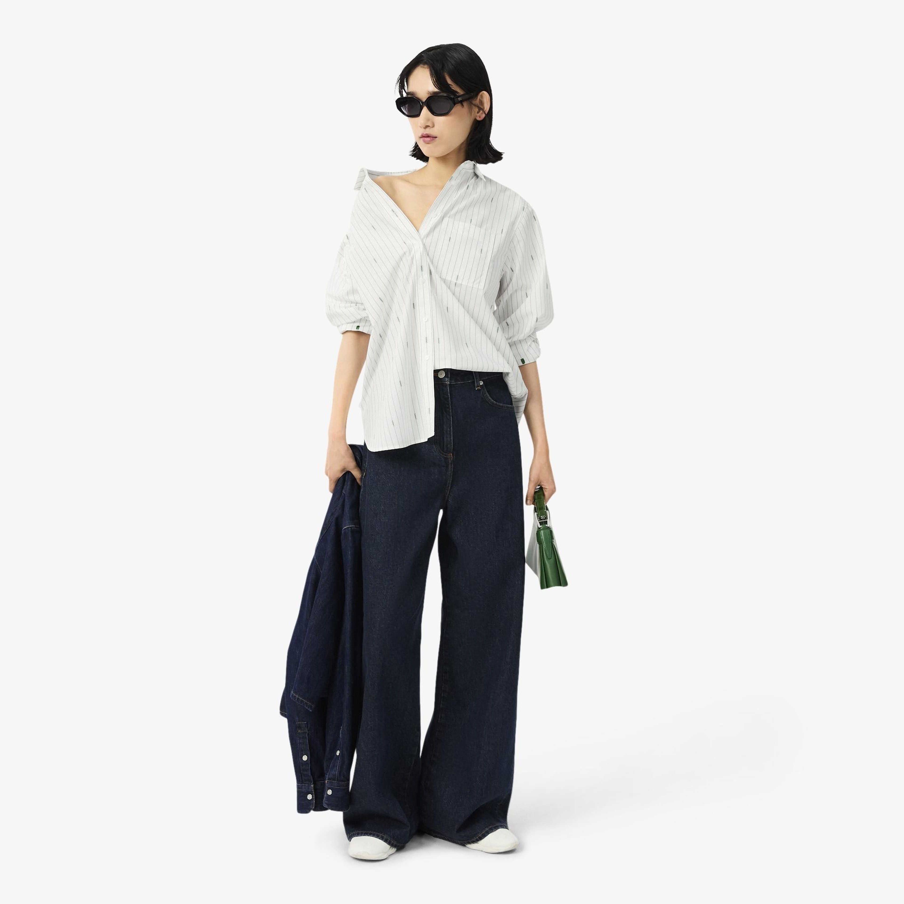 Kadın Oversize Fit Çizgili Beyaz Gömlek