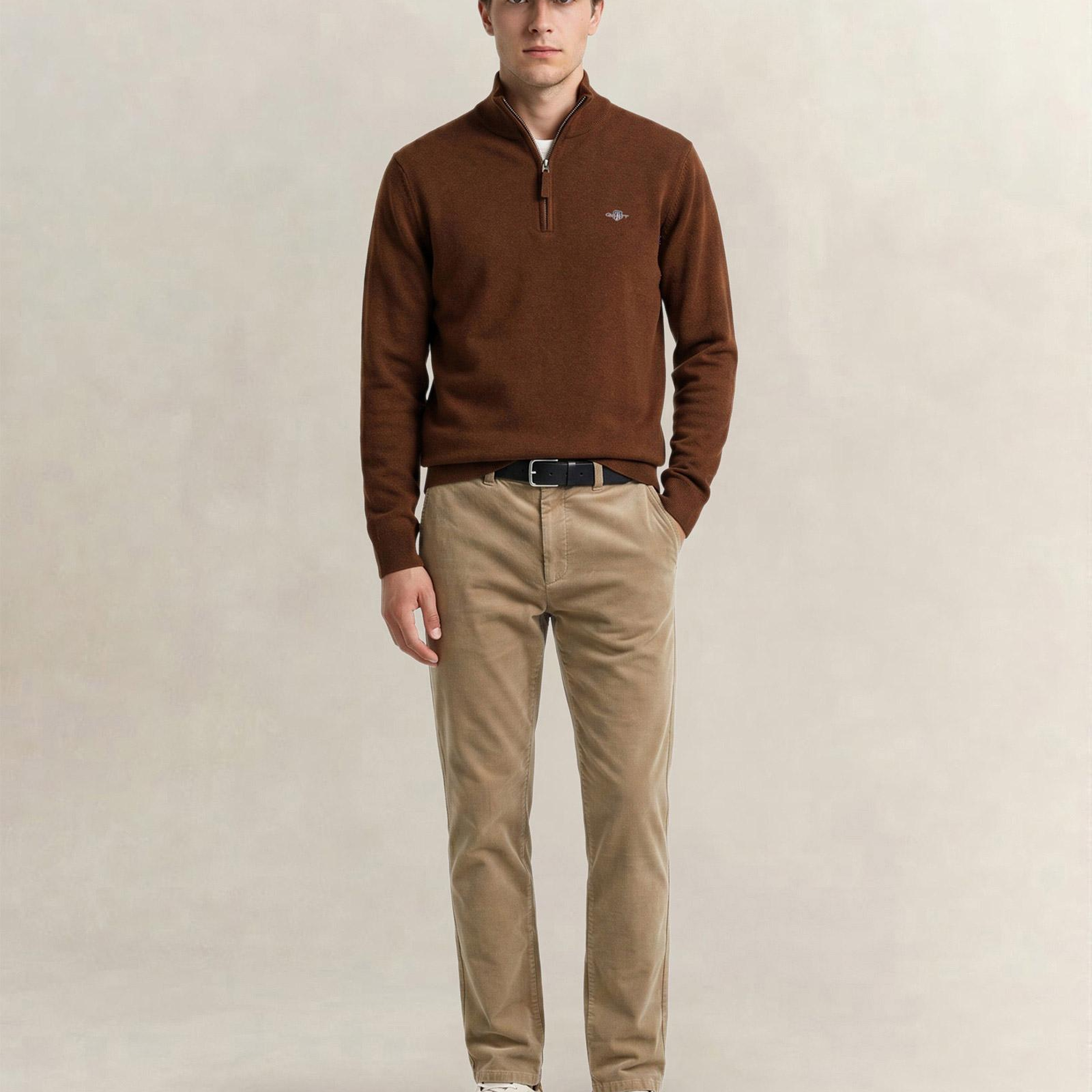 GANT Erkek Kahverengi Regular Fit Yarım Fermuarlı Yün Kazak