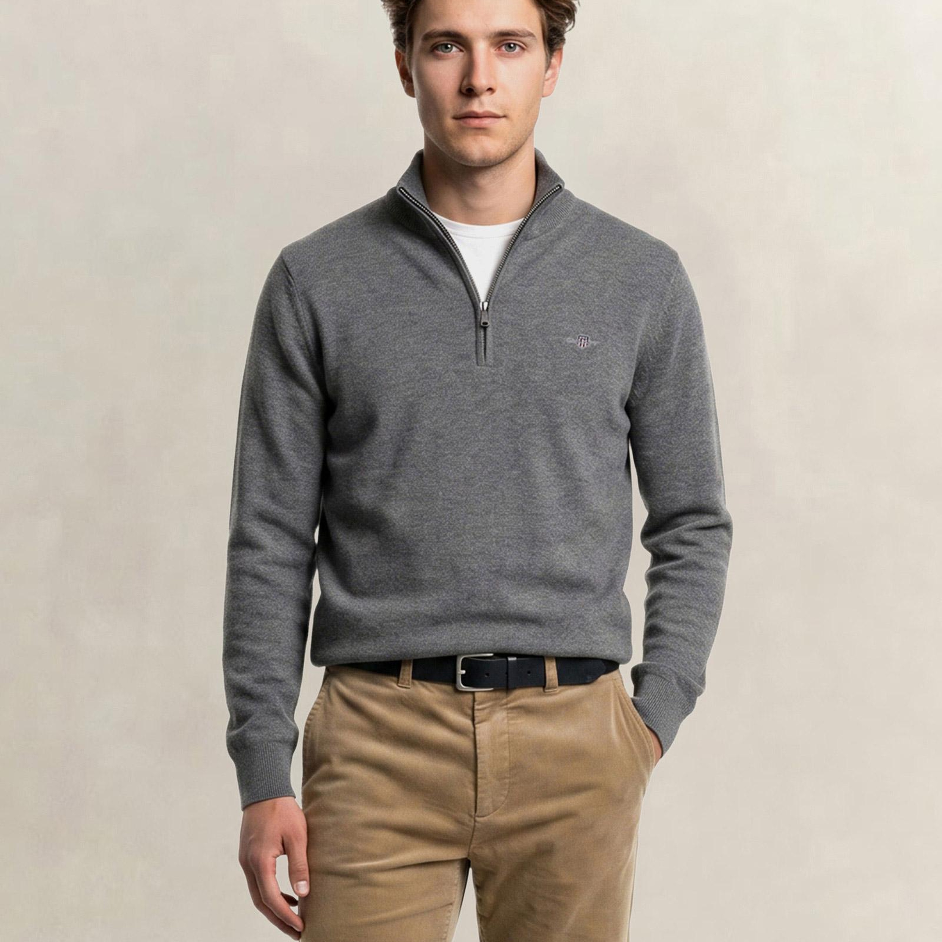 GANT Erkek Gri Regular Fit Yarım Fermuarlı Yün Kazak