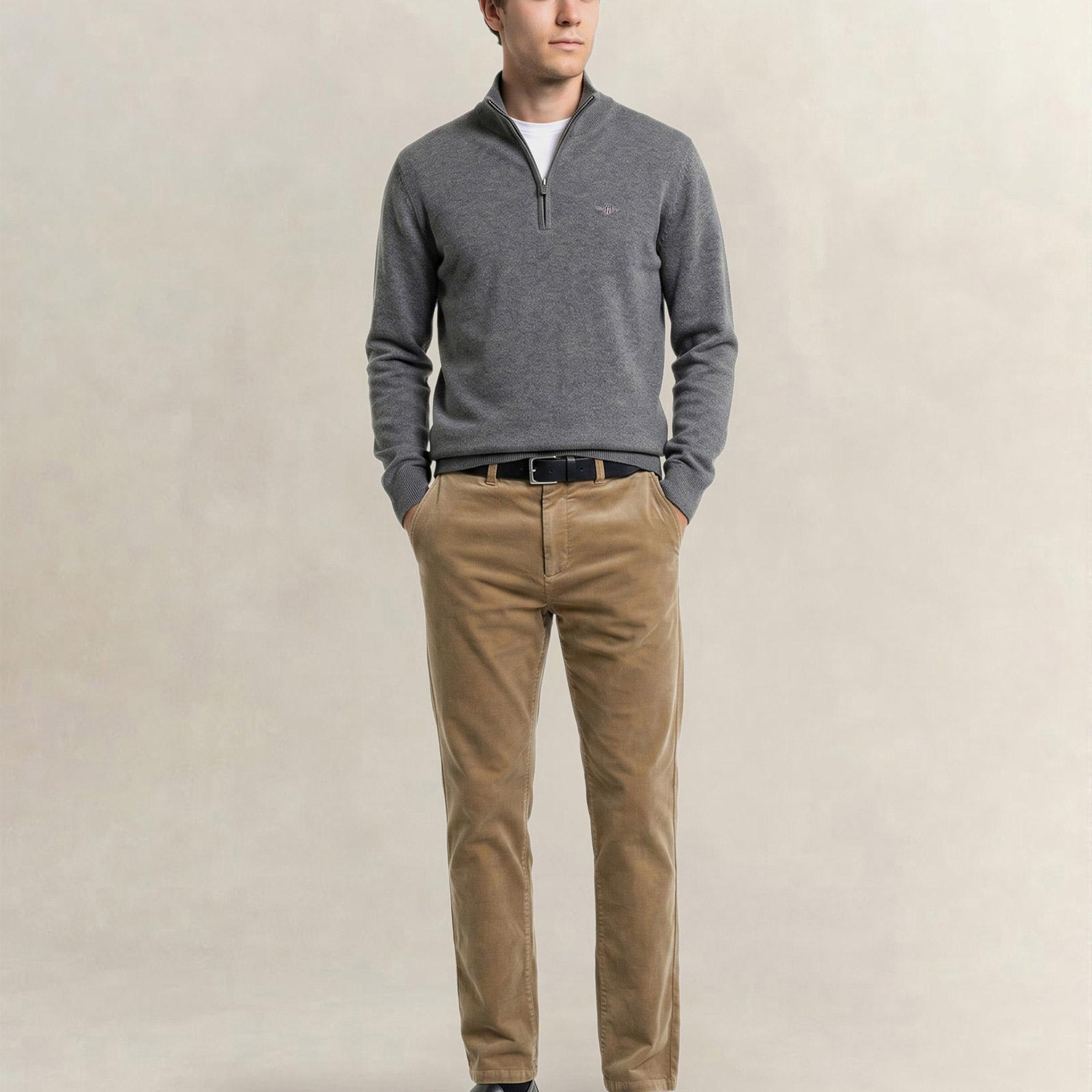 GANT Erkek Gri Regular Fit Yarım Fermuarlı Yün Kazak