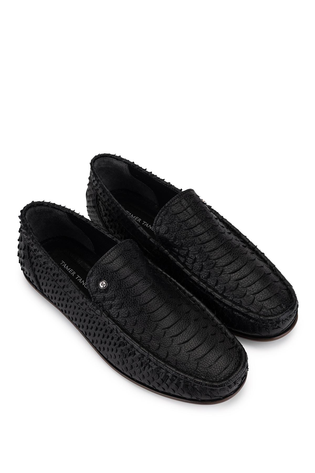 Tamer Tanca Erkek Hakiki Deri Siyah Yılan Desen Loafer Ayakkabı