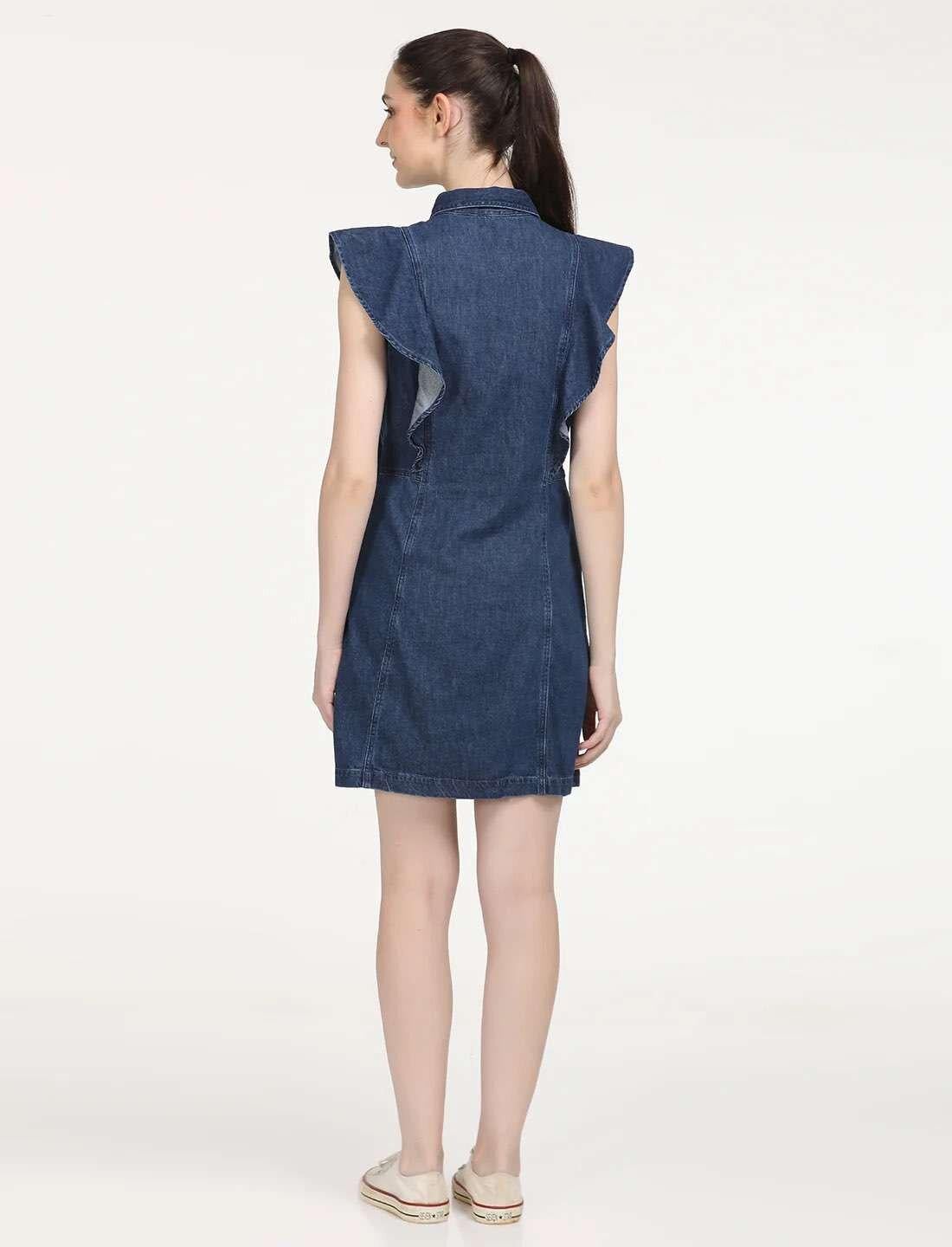 Solid Blue Spread Collar Kadın Denim Elbise