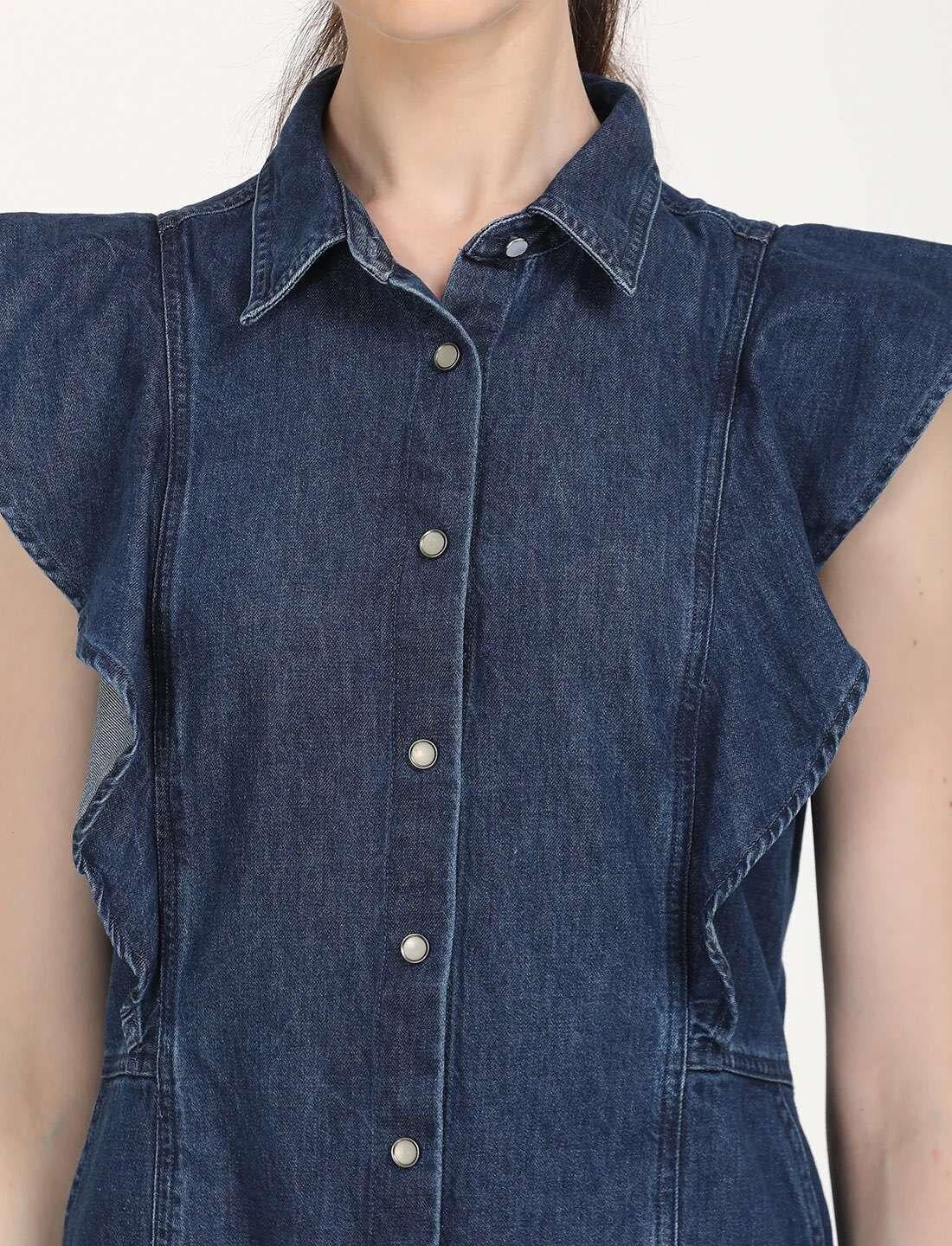 Solid Blue Spread Collar Kadın Denim Elbise