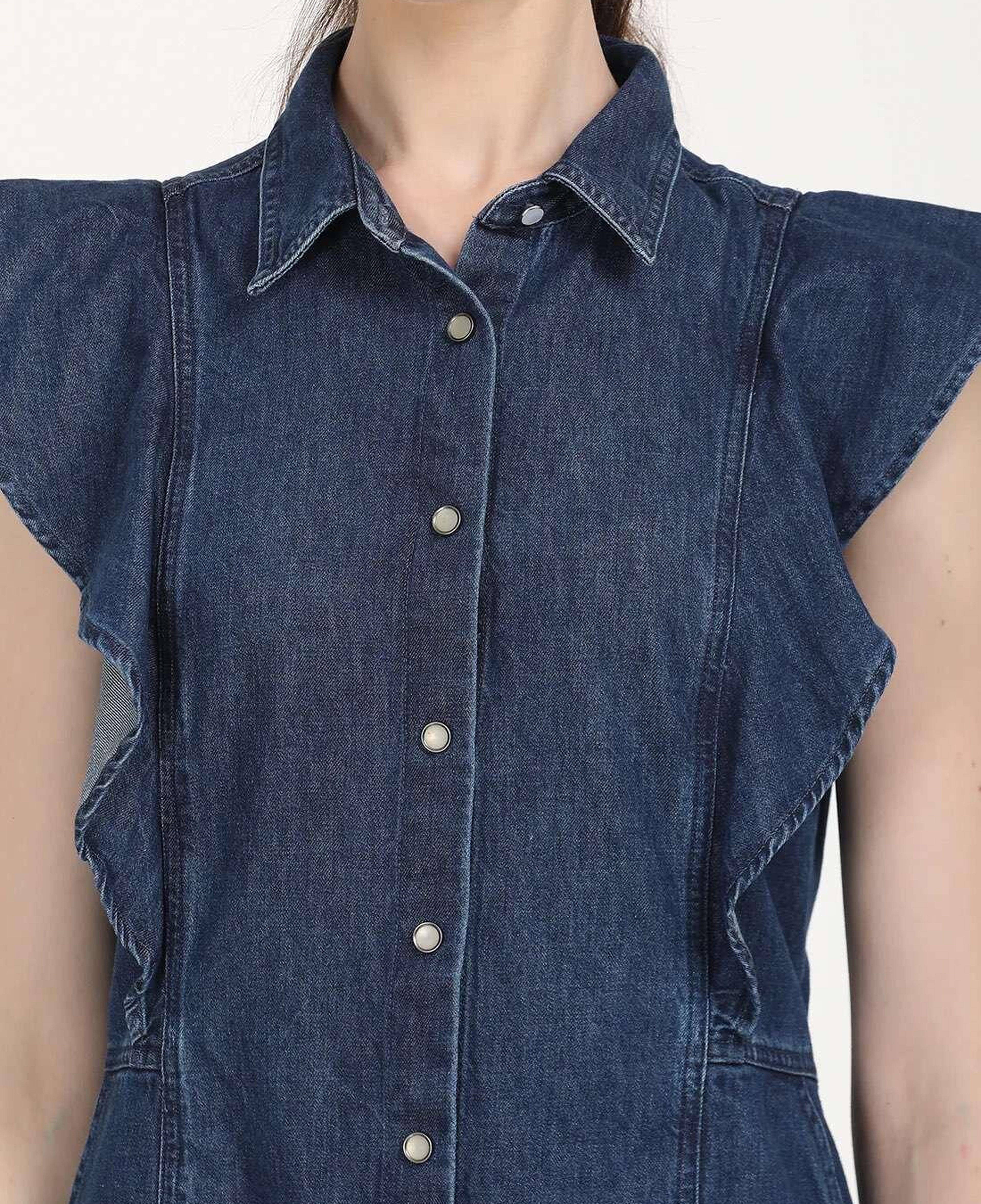 Solid Blue Spread Collar Kadın Denim Elbise