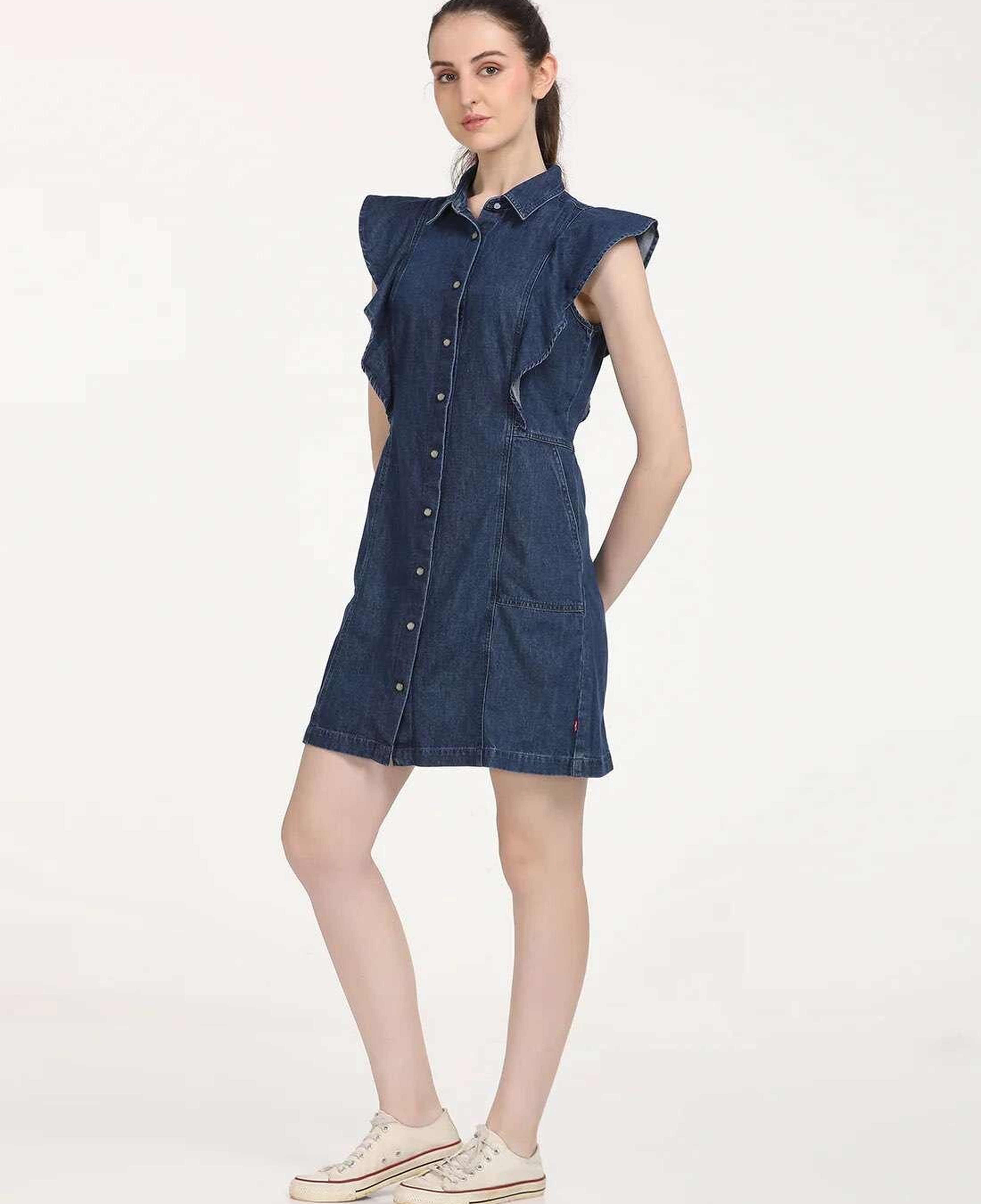 Solid Blue Spread Collar Kadın Denim Elbise
